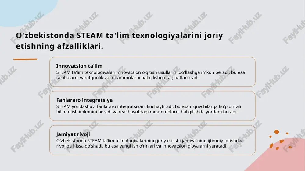 llash imkonini beradi. 03 jamiyatga ta'siri steam ta'limi, o'zbekistonda ijtimoiy-iqtisodiy rivojlanishga hissa qo'shib, yosh avlodni zamonaviy muammolarni hal qilishga tayyorlaydi. steam ta'limining yosh avlod uchun imkoniyatlari. 1 yosh avlodga imkoniyatlar steam ta'limi yosh avlodga innovatsion fikrlash, muammolarni hal etish va kreativ yondashuvlarni rivojlantirish imkoniyatlarini taqdim etadi. 2 interaktiv o'qitish steam ta'limida interaktiv usullar qo'llanilishi, talabalar o'rtasida hamkorlikni kuchaytiradi va o'qitish jarayonini qiziqarli qiladi. 3 kelajak kasblari steam ta'limi yoshlarni kelajakdagi yuqori texnologiyali kasblarga tayyorlaydi, bu esa iqtisodiy o'sishni ta'minlaydi va raqobatbardosh kuchni oshiradi. o'zbekistonda steam ta'limining xalqaro tajribalari. 01 xalqaro tajribalar o'zbekistonda steam ta'limi, dunyoning turli mamlakatlarida muvaffaqiyatli joriy etilgan tajribalar asosida rivojlanmoqda, masalan, aqsh va singapur. 02 yangi metodologiyalar xalqaro tajribalar, steam yo'nalishida yangi pedagogik metodologiyalarni qo'llashni o'z ichiga oladi, bu esa o'quvchilarning ijodiy fikrlashini rivojlantiradi. 03 hamkorlik va integratsiya o'zbekistonda steam ta'limi xalqaro tashkilotlar bilan hamkorlikda amalga oshirilmoqda, bu esa ta'lim jarayonini yanada samarali va integratsiyalashgan qilishga yordam …