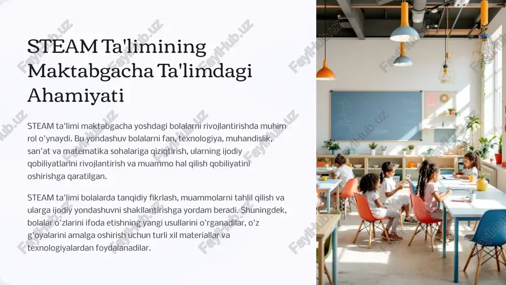 n asbob-uskunalar bolalar o'yinlar orqali o'rganishni yaxshi ko'radilar. turli xil o'yinchoqlar, qurilish bloklari, fan va texnologiya asboblari ularning steam qobiliyatlarini rivojlantirishga yordam beradi. 3 3. ilohiy san'at va musiqa muhiti bolalar san'at va musiqa orqali o'zlarini ifoda etishlari va kreativliklarini namoyon etishlari mumkin. musiqa asboblari, rangli bo'yoqlar va plastilinlar ta'lim jarayonini yanada qiziqarli qiladi. 4 4. axborot va texnologiya resurslari bolalar kompyuterlar, planshetlar va interaktiv o'yinlar orqali dasturlash, muhandislik va texnologiya bilan tanishishlari mumkin. bu ularning raqamli savodxonligini rivojlantirishga yordam beradi. 13 steam ta'limini joriy etishda o'qituvchilarga ko'mak steam ta'limi o'qituvchilar uchun yangi yondashuvni talab qiladi. ular ushbu innovatsion usulni o'rganish va qo'llash uchun doimiy ravishda o'zlarini takomillashtirib borishlari kerak. buning uchun o'qituvchilarga qo'llab-quvvatlash va rivojlanish imkoniyatlari yaratish muhimdir. o'qituvchilarga steam ta'limi bo'yicha maxsus treninglar va seminarlar o'tkazish, ularni yangi texnologiyalar bilan tanishtirish, innovatsion usullarni qo'llash bo'yicha maslahatlar berish, shuningdek, steam loyihalari uchun kerakli materiallar va vositalar bilan ta'minlash zarur. …