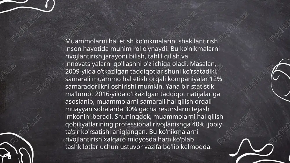 ojlantiradi. ... t.me/slaydai_bot raqamli texnologiyalarni ta'lim jarayoniga integratsiya qilish zamonaviy ta'lim tizimida muhim ahamiyatga ega. 2022-yilgi ma'lumotlarga ko'ra, o‘zbekistonda 80% maktablar internetga ulanmoqda. ta'lim resurslarining raqamlashtirilishi imkoniyatlarni kengaytiradi, ayniqsa qishloq joylarda. 2023-yilga kelib, o‘zbekistonda barcha oliy ta'lim muassasalari elektron kutubxonalar joriy etishni rejalashtirmoqda. dunyo bo‘yicha, raqamli texnologiyalardan foydalangan ta'lim platformalari orqali 60% ko‘proq talabalar darslarga jalb qilinmoqda. shu bilan birga, interaktiv platformalar orqali sifatli ta’lim olish imkoniyatlari ortmoqda. bu jarayon o‘quvchilarni global bilim manbalaridan foydalanishga undaydi. ... t.me/slaydai_bot 12. steam o'qituvchilarining malakasi va tayyorgarligi masalasi bo'yicha tadqiqotlarga ko'ra, o'qituvchilarning 65% dan ortig'i doimiy ravishda malaka oshirish kurslarida qatnashmoqda. steam sohalari uchun zarur ko'nikmalarni egallash maqsadida, o'qituvchilarning 47% yangi texnologiyalar va dasturlarni o'rganish uchun onlayn platformalardan foydalanmoqda. o'zbekiston milliy universiteti ma'lumotlariga ko'ra, har yili taxminan 2000 nafar o'qituvchi steam yo'nalishlarida tayyorlov kurslarini tugatadi. shu jumladan, malaka oshirish dasturlari doirasida 53% o'qituvchilar amaliyot asosidagi darslarni ko'paytirishga e'tibor qaratmoqda, 80% o'qituvchilar esa o'quv …