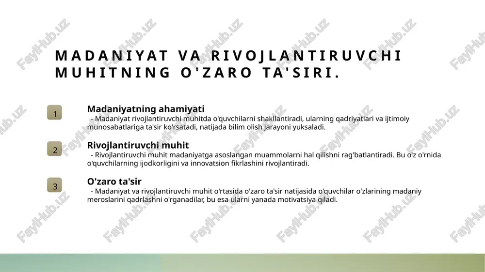 uvlar, ijtimoiy rivojlanishni jadallashtirishga yordam beradi, yangi g'oyalar va metodlarni ishlab chiqish orqali. ta'lim jarayonida madaniy qadriyatlarni saqlash va rivojlantirish. 1 madaniyat va ta'lim madaniyat o'qitish jarayonida muhim ahamiyatga ega. u o'quvchilarga o'z identifikatsiyasini shakllantirishda yordam beradi va qadriyatlarni saqlaydi. 2 qadriyatlarni saqlash ta'lim jarayonida madaniy qadriyatlarni saqlash, o'quvchilarning tarixiy va madaniy merosini anglashlarini ta'minlaydi, bu esa ularning shaxsiy o'sishiga yordam beradi. 3 innovatsion yondashuvlar madaniy qadriyatlarni rivojlantirish uchun innovatsion yondashuvlar, masalan, interaktiv ta'lim usullari va madaniy tadbirlar, o'quv jarayonini boyitadi. 4 ta'lim va jamiyat madaniyatni saqlash va rivojlantirish, ta'lim tizimi orqali jamiyatning ijtimoiy rivojlanishiga hissa qo'shadi, bu esa barqaror kelajakni ta'minlaydi. xulosa 1 rivojlantiruvchi muhitning ahamiyati rivojlantiruvchi muhit, o'qitish jarayonini samarali amalga oshirishda muhim rol o'ynaydi, sharoitlar o'sish va rivojlanish uchun zarurdir. 2 madaniyat va ta'lim o'rtasidagi bog'lanish ta'lim jarayonida madaniyatning o'rni beqiyosdir, u o'quvchilarning motivatsiyasini oshiradi va ijtimoiy integratsiyani ta'minlaydi. 3 innovatsion yondashuvlarning roli ta'lim muhitini rivojlantirishda innovatsion …