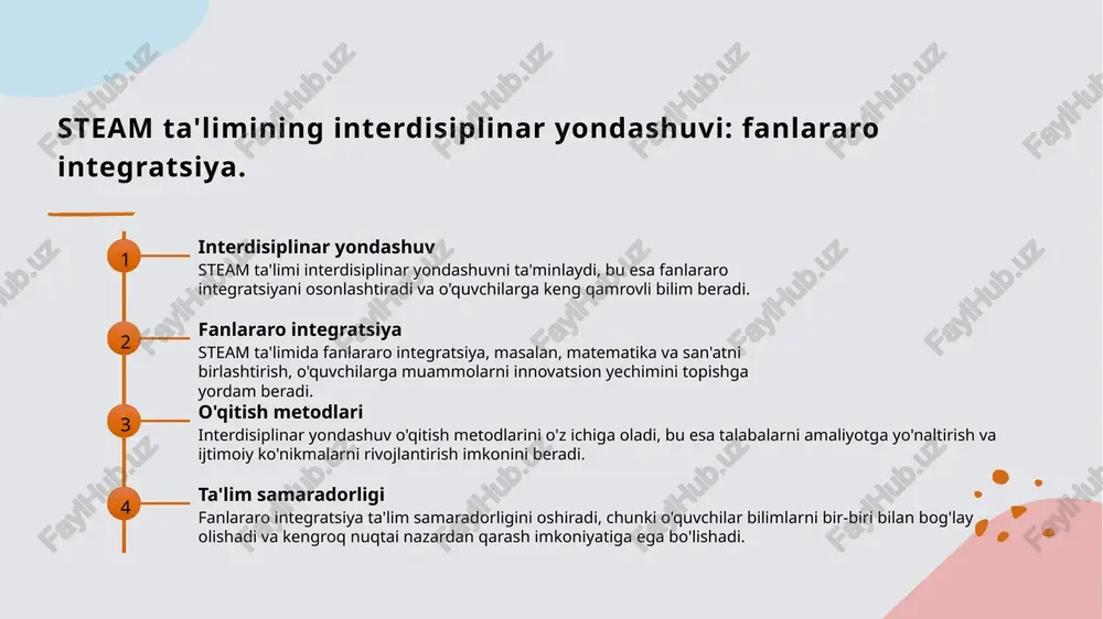 odlarni qo'llash imkonini beradi. 03 jamiyatga ta'siri steam ta'limi, o'zbekistonda ijtimoiy-iqtisodiy rivojlanishga hissa qo'shib, yosh avlodni zamonaviy muammolarni hal qilishga tayyorlaydi. steam ta'limining yosh avlod uchun imkoniyatlari. 1 yosh avlodga imkoniyatlar steam ta'limi yosh avlodga innovatsion fikrlash, muammolarni hal etish va kreativ yondashuvlarni rivojlantirish imkoniyatlarini taqdim etadi. 2 interaktiv o'qitish steam ta'limida interaktiv usullar qo'llanilishi, talabalar o'rtasida hamkorlikni kuchaytiradi va o'qitish jarayonini qiziqarli qiladi. 3 kelajak kasblari steam ta'limi yoshlarni kelajakdagi yuqori texnologiyali kasblarga tayyorlaydi, bu esa iqtisodiy o'sishni ta'minlaydi va raqobatbardosh kuchni oshiradi. o'zbekistonda steam ta'limining xalqaro tajribalari. 01 xalqaro tajribalar o'zbekistonda steam ta'limi, dunyoning turli mamlakatlarida muvaffaqiyatli joriy etilgan tajribalar asosida rivojlanmoqda, masalan, aqsh va singapur. 02 yangi metodologiyalar xalqaro tajribalar, steam yo'nalishida yangi pedagogik metodologiyalarni qo'llashni o'z ichiga oladi, bu esa o'quvchilarning ijodiy fikrlashini rivojlantiradi. 03 hamkorlik va integratsiya o'zbekistonda steam ta'limi xalqaro tashkilotlar bilan hamkorlikda amalga oshirilmoqda, bu esa ta'lim jarayonini yanada samarali va integratsiyalashgan qilishga …