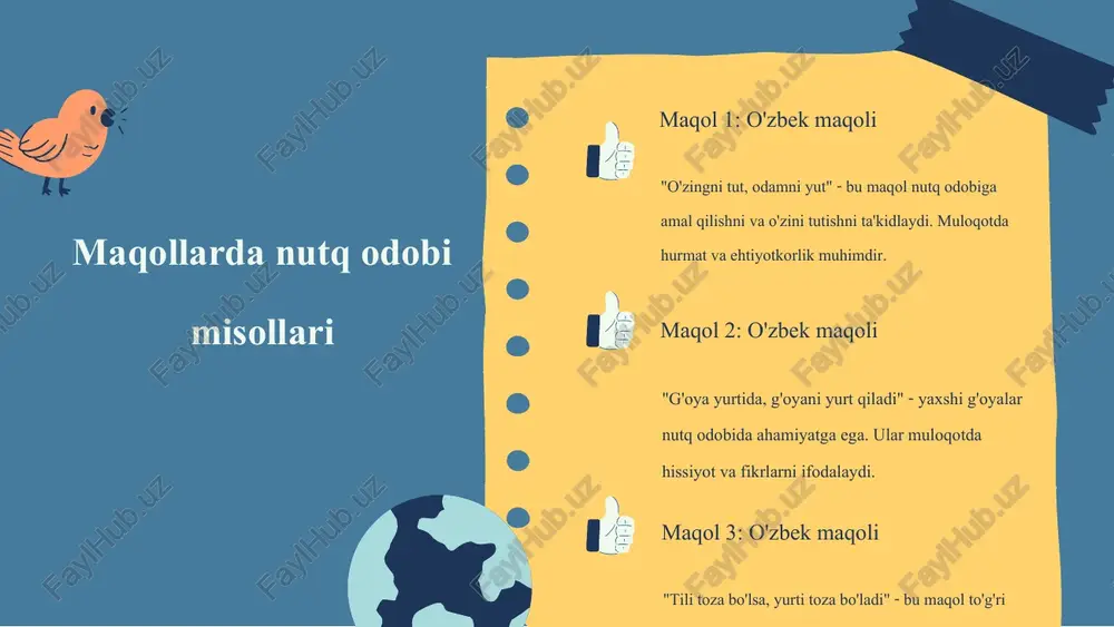 maqollar, foydalanuvchilar o'rtasida fikr almashish va muhokama qilish uchun tez-tez qo'llaniladi. masalan, "sabr qilgan shod bo'ladi" maqoli, stress va muammolarga dosh berish zarurligini ta'kidlaydi. yana bir misol, "birlikda kuchimiz bor" maqoli, jamoaviy ishning ahamiyatini ta'kidlashda ishlatiladi. shuningdek, "yaxshi so'z yomonlikni yengadi" maqoli, pozitiv fikrlarning ahamiyatini ko'rsatadi. yangiliklar va maqollar yangiliklar bilan maqollar o'rtasida kuchli aloqalar mavjud. maqollar, voqealar va yangiliklarga tezkor munosabat bildirish uchun ishlatiladi, bu esa ularni yanada ta'sirchan qiladi. shuningdek, maqollar, ijtimoiy fikrni shakllantirishda va muhim masalalarga e'tibor qaratishda yordam beradi. ular, zamon talablariga mos ravishda yangilanib boradi va yangi ma'nolar qozonadi. nutq odobi tarixiy taraqqiyot jarayonida bir necha muhim davrlarni bosib o'tdi. qadim zamonlarda, odamlar o'zaro muloqotda oddiy, lekin aniq ifodalar ishlatishgan. keyinchalik, ijtimoiy va madaniy o'zgarishlar bilan nutq odobi rivojlanib, ko'proq noziklik va axloqiy qadriyatlarni o'z ichiga oldi. masalan, maqollar nutq odobining shakllanishida muhim rol o'ynaydi, chunki ular xalqning madaniy an'analari va qadriyatlarini ifodalaydi. nutq odobi …