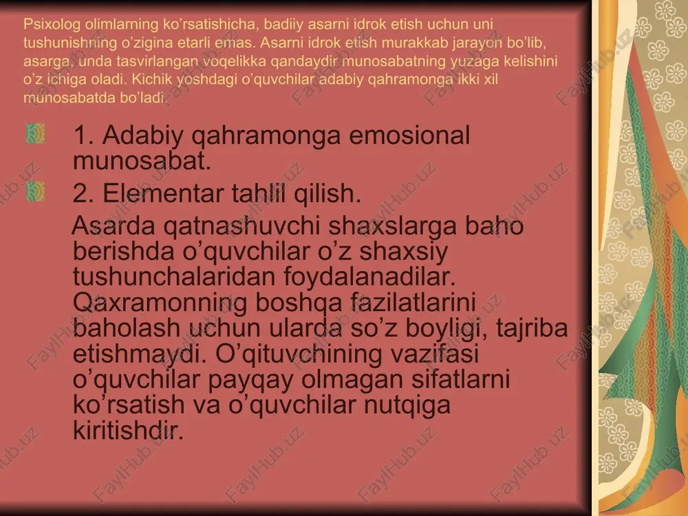 ikmasini shakllantirishda ular diqqati ishning mazmuni va bajarish yo’llariga qaratiladi. adabiyotlar ro`yxati: q.qosimova «boshlang’ish sinf ona tili o’qitish metodikasi. t. «o’qituvshi» 1984 y. ashrapova m., abdullaeva g.va boshq. ona tili o’qitish metodikasi. t. «o’qituvshi» 1983 y. mamayusupov m., shukurova h. «i-iy sinf ona tili o’qitish uslubi» ma’ruzalar to’plami. jizzax- 2002 yil. «boshlang’ish ta’lim» jurnali 1994-2005 yillar.