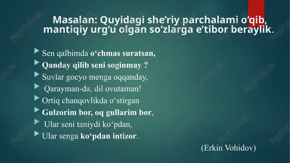 a pauza qilinmaguncha sun'y ravishda “ushlab turishga” urinmang - bunday harakatlar faqat ovozni buzadi. havoni qabul gilganingizdan so'ng, uni birdan silkitmasdan, teng ravishda chigaring 4-qadam ifodali o'gishning asosiy vositalari ovoz kuchi va intonatsiyadir. siz bildirayotgan fikr va hissiyotni his qilib, gachon balandrog gapirish va qachon shivirlash kerakligini aniqlay olasiz. qachon tabassum qilish kerak va gachon ovozingizga go'shiq qo'shish kerak. muallif nutqi bo'lgan asarda ko'pincha qahramon va uning kechinmalarini ohangini ko'tarish yoki tushirish to'g'risida to'g'ridan-to'g'ri ko'rsatmalar mavjud. siz ulami orfiqcha teatrlashtirmasdan, teatrsiz kuzatishingiz kerak. siz empatiyani o'rganganingizda, ya'ni empatiya, matnni o'zingiz orqali o'tkazishda eng kata ekspresivlikka erishasiz. 5-qadam ovoz chigarib o'gish mimika va imo-ishoralar bilan birga bo'lishi mumkin. mimika bevosita o'quvchi nutq davomida boshdan kechirgan hissiyotlarga to'g'ri keladi. bundan tashqari, aktyorlik bo'yicha o'gimagan bolsangiz, "yuzingiz bilan o'ynash" bunga loyiq emas - shuning uchun siz to'g'ridan-to'g'ri ovozga e'tibor bera olmaysiz. bundan tashgari, o'gish taassurotini noon jilmayish bilan buzish xavfi katta. 6-qadam agar …