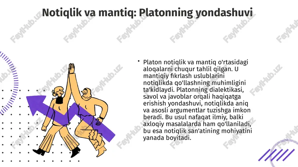 n tutadi. u dialektika va retorika uslublaridan foydalanib, tinglovchilarni o'z fikrlariga jalb qiladi. dialektika orqali mantiqiy savollar va argumentlar bilan muammolarni hal qilsa, retorika esa badiiy uslub va til vositalari orqali ta'sirchan nutq yaratadi. platon asarlarida notiqlik va til notiqlik va til o'rtasidagi aloqalar platon asarlarida notiqlik va tilning aloqasi muhim o'rin tutadi. u, tilni notiqlikning asosiy vositasi deb hisoblaydi, chunki til orqali fikrlar, his-tuyg'ular va g'oyalar aniq ifodalanadi. misol uchun, platon "himoyasi" asarida notiqlikdagi tilning roli haqida to'liq fikrlar bildirilgan. til orqali argumentlarni taqdim etish va auditoriyani qiziqtirish mumkin. misollar va platonning fikrlari platon, tilning notiqlikdagi ahamiyatini ta'kidlagan holda, "fikrlar so'zlarda ifodalanadi" deb yozadi. "himoyasi" asarida, til yordamida aniq fikrlarni shakllantirish jarayoni ko'rsatiladi. bu asarda, notiqlikda tilning qanday rol o'ynashi haqida bir nechta misollar keltirilgan, masalan, mantiqiy argumentlar hamda auditoriya bilan muloqotning muhimligi. photo by persnickety prints on unsplash notiqlik va platonning falsafiy g'oyalari falsafiy g'oyalar va notiqlik platonning …
