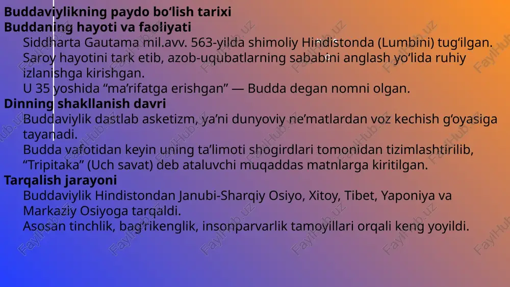 image6.png image7.png image8.png image9.png image10.png image11.png image12.png image13.png image14.png image15.png image16.png proliferation of buddhism 4,5 tibet see hy japan tyee hea ce ona ce % 4 6th century c.e. “main branches | p. : of buddhism . | (3 mahayana } (theravada gee birthplace of buddhism | — silk road wo . | source: p. 8. clarke/ } atlas of world religions “sri lanka 3rd century b.c.e. 1. to'g'ri 2. to'g'ri 3. to'g'ri 4. to'g'ri 5. to'g'ri 6. to'g'ri 7. to'g'ri 8. to'g'ri noble sakkizlik yo'li tushunish rag'batlantirish nutq xulq-atvor turmush tarzi intilish fikrlash tafakkur /docprops/thumbnail.jpeg