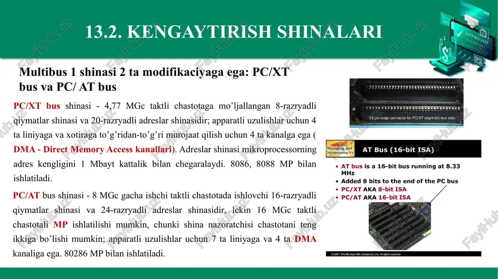 10 ta qurilmani ulash imkonini beradi, o’zining «hakamiga», qiymatlarni uzatishni boshqarish vositalariga ega. pci shinasi hozircha ancha qimmat. pci ning razryadliligi - 32 bit, uni 64 gacha kengaytirish imkoniyati bor, nazariy o’tkazish qobiliyati 132 mbayt/s, 64 bitli variantda esa - 263 mbayt/s (2 marta pastroq). pci shinasi (peripheral component interconnect) pci shinasi lokal bo’lsa ham kengaytirish shinasining ko’pgina vazifalarini bajaradi, va xususan, isa, eisa, mca kengaytirish shinalari pci shinasi bor bo’lganda bevosita mp ga emas (vlb shinasini ishlatilgani kabi), balki pci shinasining o’ziga (kengaytirish interfeysi orqali) ulanadi (u ular bilan mos keladi). tizimlarning vlb va pci shinalari bilan konfiguraciyalarning variantlari mos ravishda 38 - va 39 -rasmlarda ko’rsatilgan. shuni ta’kidlash kerakki, shk da vlb va pci shinalarini faqat mos ravishda vlb yoki pci-bosh platasi bor bo’lganda ishlatish mumkin. multishina strukturali bosh platalar ishlab chiqarilmoqda, ular vip shinali (vlb, isa va pci ning bosh harflari bo’yicha) bosh plata deb ataluvchi isa/eisa, …