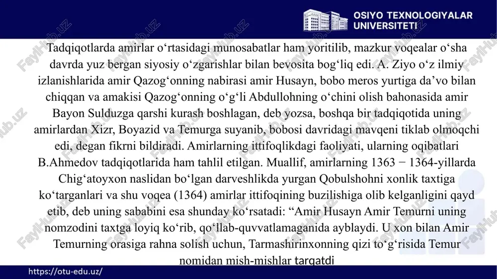 davri tarixnavisligini tadqiq etgan. olim temuriylar davri tarixi bo‘yicha bibliografik ko‘rsatkich ham tuzgan. 1968-yilda akademik i. mo‘minovning “amir temurning o‘rta osiyo tarixida tutgan o‘rni va roli” haqidagi risolasining nashr etilishi keng jamoatchilikning bu mavzuga qiziqishini avj oldirib yubordi. amir temur hayoti va faoliyatiga qiziqish hamda xolis yoritishga intilish o‘zbekistonda 1980-yil oxirlaridan boshlandi. bu ilm-fandagi oshkoralik to‘lqini tarix fanida nisbatan erkin fikrlash, xolis ilmiy xulosalarni o‘rtaga tashlash imkoniyatini tug‘dirdi va mavzuga taalluqli sanoqli maqolalar e’lon qilindi. 1990 -yillar boshlarida b.v. lunin, a. ahmedov, b. ahmedov kabi olimlar amir temur tarixini qayta, xolis o‘rganish masalasini ko‘tarib chiqib, uning shaxsiga yuqori baho berdilar. foydalanilgan manba va adabiyotlar ro‘yxati i. rahbariy adabiyotlar: 1.1. mirziyoyev.sh.m. buyuk kelajagimizni mard va oliyjanob xalqimiz bilan birga quramiz. – toshkent: o‘zbekiston, 2017 1.2. karimov i.a.toshkentda amir temur xaykalini ochilishiga bag'ishlangan tantanada so'zlangan nutq // karimov i.a. ehtirom. 1993 yil 31 avgust // o'zbekiston: milliy istiqlol, iqtisod, siѐsat, mafkura.–t.: o'zbekiston, …