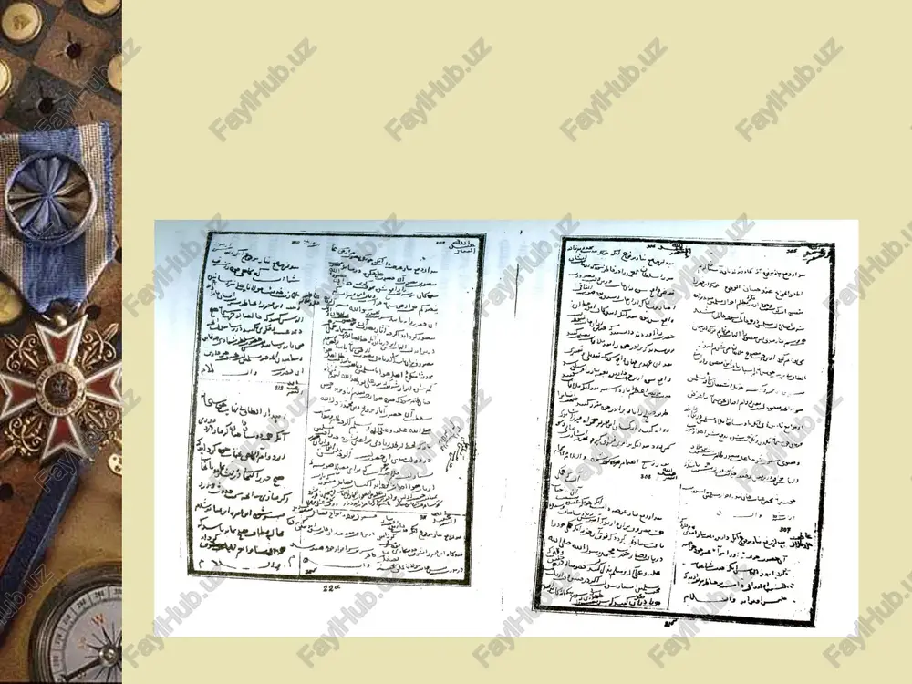 bulungug’ qismish,yig’mish, yamish, basmish, ol qan yoq boltuqta kasra al yitmish, ichxinmish (achamiz, otamiz bumin qog’an to’rt bo’lakni qismish, yig’mish, yoymish, bosmish ul xon yo’q bo’lgandan so’ngra el yo’q bo’lmish, qochishmish). 4. 9-15asr tarixiga oid manbalar 9-12-asr boshlarida o’rta osiyo mutafakkirlarining madaniy manbalari; 9-12-asrlarda yozma adabiyotga oid manbalar; 13-14-asr boshlarida madaniy manbalar; 13-14-asr boshlarida tarixiy manbalar. 4.1. 9-12-asr boshlarida o’rta osiyo mutafakkirlarining madaniy manbalari al-xorazmiy(“al-jabr val muqobala” asari) axmad al-farg’oniy(“astronomiya asoslari” asari) imom al-buxoriy(“al-jomi’ as-saxix” asari) al-moturidiy (“kitob at- tavxid”asari) al-marg’inoniy(“hidoya” asari) abu nasr forobiy(“fozil odamlar sharhi”asar) ibn sino(“al-qonun fit-tib”asari) beruniy(“qadimgi xalqlardan qolgan yodgorliklar”asari) maxmud zamaxshariy(“al-mufassal”asari) al-xorazmiy asarlari “al-jabr val –muqobala” “hind hisobi haqida” “kitob surat ul-arz” “zij” va”usturlob bilan ishlash haqida kitob” “kitob at-tarix” “yaxudiylarning taqvimi va bayramlarini aniqlash haqida risola” “al-jabr val-muqobala” kitobi matematika tarixida 1- bo’lib algebra faniga asos soldi al-farg’oniy ning “astronomiya asoslari” kitobi “astronomiya asoslari”kitobi bir necha asrlar davomida yevropa universitetlarida astronomiya fani bo’yicha asosiy …