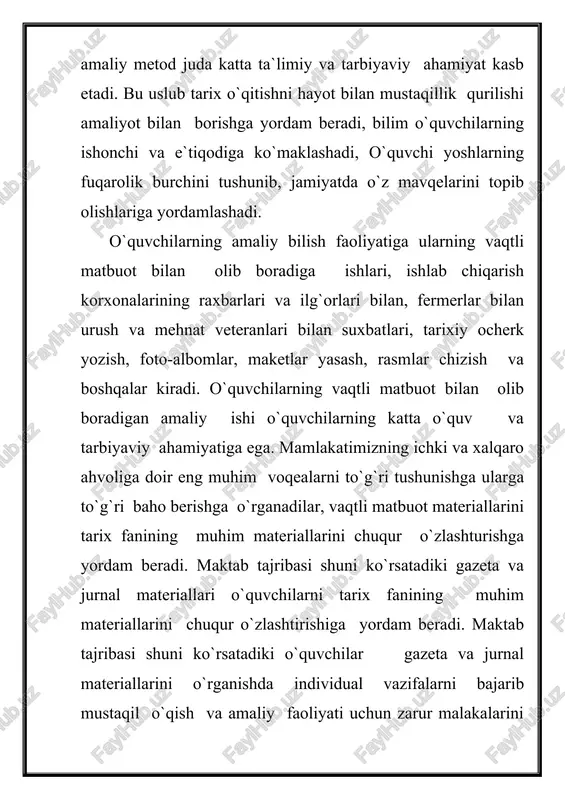 ikka tahdid, barqarorlik shartlari va taraqqiyot kafolatlari .t., 1997. 6. prezident i.karimovning bmt sammiti ming yillik rivojlanish maqsadlariga bag`ishlangan yalpi majlisidagi nutqi. «xalq so`zi» gazetasi 2010 yil 22 sentabr.n: 184 7. karimov. i.a. asosiy vazifamiz – vatanimiz taraqqiyoti va xalqimiz farovonligini yanada yuksaltirishdir.t.,2010. 8. karimov. i.a. mamlakatimizda demokratik islohotlarni yanada chuqurlashtirish va fuqarolik jamiyatini rivojlantirish konsepsiyasi.t.,2010 . 9. ishmuhammedov.r., abduqodirov. ta`limda innovatsion texnologiyalar.t.,2008. 10. m.tojiboyev, z. ilhomov. o`zbekiston tarixini o`qitishning metologiyasi.t., 2003.