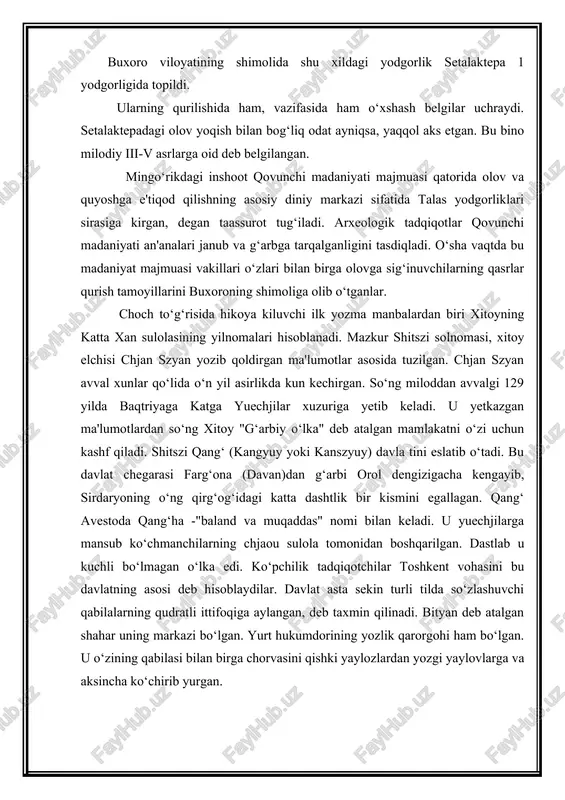 iki, mingo‘rikning qadimgi shahristoni mudofaa devorlari bilan o‘ralgan qal'a qo‘rg‘onli chinakam shahar bo‘lgan. yuqorida ta'kidlanganidek, so‘ngi arxeologik qazish ishlari ko‘rsatishicha, mingo‘rik majmuasidagi ma'naviy madaniyatni olov va quyoshga sig‘ingan aholi tiklagan va uni milodiy iv asrgacha vujudga keltirgan deb taxmin qilish mumkin. bu hozirgi toshkent hududini qadimda juda yirik diniy markaz doirasiga kirganligini ko‘rsatadi. agar kanqadagi shahar ma'muriy markaz yoki xatto qang‘ning poytaxti mavqyeiga da'vogarlik qilishi mumkin bo‘lgan bo‘lsa, mingo‘rikning diniy "qasr" majmuasi bu davlatning asosiy diniy markazlaridan biri bo‘lgan deyish mumkin. avestoda qang‘ha nomi bejizga "muqaddas" deb tilga olinmaydi. ana shundagina milodiy i asrlarda mingo‘rik shahri asosiy ziyoratgoh atrofida manzilgohlar paydo bo‘lganligini tasavvur qilish mumkin. bu markaz keyinchalik sirdaryo bo‘yidagi mintaqalariga, shuningdek, g‘arbiy sug‘d va farg‘onaga katta ta'sir ko‘rsatdi. u joylarda ham quyoshga sig‘inish bilan bog‘liq diniy inshootlar qurilishi kuzatiladi. qang‘ning xitoy manbalarida so‘nggi bor esga olinishi milodiy iv-v asrlarga to‘g‘ri keladi. bu manbalarda shi, yuqorida ta'kidlangandek, "qang‘ning merosxo‘ri" deb …