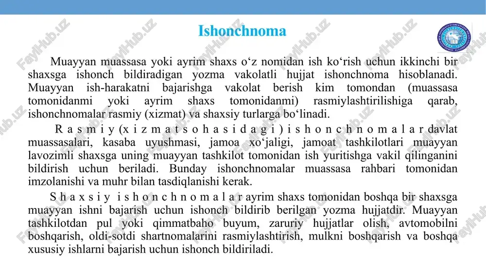 rahbar shaxs yoki bo‘lim mudiri nomiga yoziladi. bunday bildirishnomalar muallif tomonidan imzolanadi. tashqi bildirishnoma rahbar tomonidan yuqori idoraga yoki mansabdor shaxsga yoziladigan bildirishnoma, odatda xos ish qog‘oziga ikki nusxada yoziladi. hujjatning ikkinchi nusxasi muassasaning o‘zida qoldiriladi. bunday bildirishnoma rahbar tomonidan imzolanadi. bildirishnoma tayyorlayotgan shaxsning xulosa va takliflari aniq, ravshan va ishonarli bo‘lmog‘i kerak. ma’lumotnoma bo‘lgan voqea yoki mavjud holatlarni bildirish-axborot berish mazmunida ifodalaydigan hujjat ma’lumotnoma deyiladi. ma’lumotnoma o‘z xususiyati va mazmuniga ko‘ra ikkiga: 1.xizmat ma’lumotnomasi - muassasa faoliyatiga doir voqeahodisalarni rasmiy ravishda aks ettiradi va tasdiqlaydi, axborot xususiyatiga ega bo‘lgan xilma-xil ma’lumotlarni o‘z ichiga oladi, zarur hollarda esa raqamli jadvallar ko‘rinishida tayyorlanadi. taqdim etilayotgan ma’lumotlar ishlab chiqarish va moliyaviy faoliyat, xodim (shtat)lar soni, topshiriqlarning bajarilishi, moddiy-tovar boyliklarining saqlanishi, mehnat intizomining ahvoli haqida va boshqa xilma-xil masalalar to‘g‘risida hozirlanadi. masalan: «2009-yil 1-oktabrdagi holatga ko‘ra» kabi. 2.shaxsiy ma’lumotnoma - muassasalar tomonidan fuqarolarning turmushi va ish faoliyatidagi aksar voqea-hodisalar va holatlarni tasdiqlab beradigan …