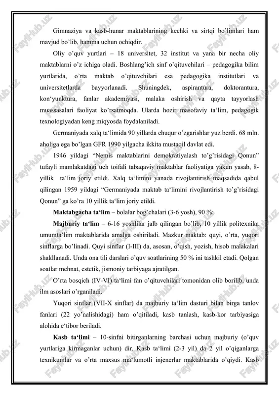 a oshiriladi. mazkur maktab: quyi, o’rta, yuqori sinflarga bo’linadi. quyi sinflar (i-iii) da, asosan, o’qish, yozish, hisob malakalari shakllanadi. unda ona tili darslari o’quv soatlarining 50 % ini tashkil etadi. qolgan soatlar mehnat, estetik, jismoniy tarbiyaga ajratilgan. o’rta bosqich (iv-vi) ta‘limi fan o’qituvchilari tomonidan olib borilib, unda ilm asoslari o’rganiladi. yuqori sinflar (vii-x sinflar) da majburiy ta‘lim dasturi bilan birga tanlov fanlari (22 yo’nalishidagi) ham o’qitiladi, kasb tanlash, kasb-kor tarbiyasiga alohida e‘tibor beriladi. kasb ta‘limi – 10-sinfni bitirganlarning barchasi uchun majburiy (o’quv yurtlariga kirmaganlar uchun) dir. kasb ta‘limi (2-3 yil) da 2 yil o’qiganlarga texnikumlar va o’rta maxsus ma‘lumotli injenerlar maktablarida o’qiydi. kasb ta‘limi muassasalarida 3 yil o’qiganlar kasb-hunar egallash bilan birga yetuklik attestati ham oladilar va oliy o’quv yurtiga kirish huquqini qo’lga kiritadilar. kengaytirilgan maktablar – 10-sinf bitiruvchilarini qabul qilib, 2 yil davomida oliy o’quv yurtiga tayyorlaydi. bu maktab bitiruvchilari soni oliy o’quv yurtlari ehtiyojiga teng bo’lib, uning bitiruv …