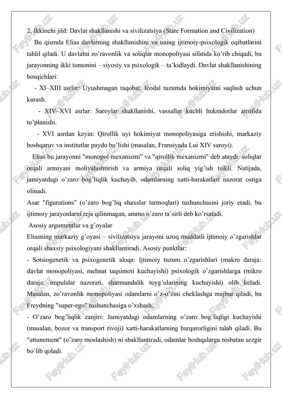 tanqidlar: hans peter duerr (1988–2002) eliasni "sivilizatsiya mifi" deb atab, ijtimoiy cheklovlarning o’rta asrlardan oldin ham mavjudligini ta’kidlaydi. elias tarafdorlari bunga javob berib, asar g’arbiy jamiyatdagi o’zgarishlarni faqat ta’kidlaganini aytadi, ularni noyob deb ko’rmagan. shuningdek, asar g’arb-markazli deb tanqid qilinadi, ammo eliasning keyingi ishlarida (masalan, xitoy misollari) kengaytirilgan. ba’zilar uni mexanistik deb hisoblaydi, ammo elias reja qilinmagan dinamikani ta’kidlaydi.
