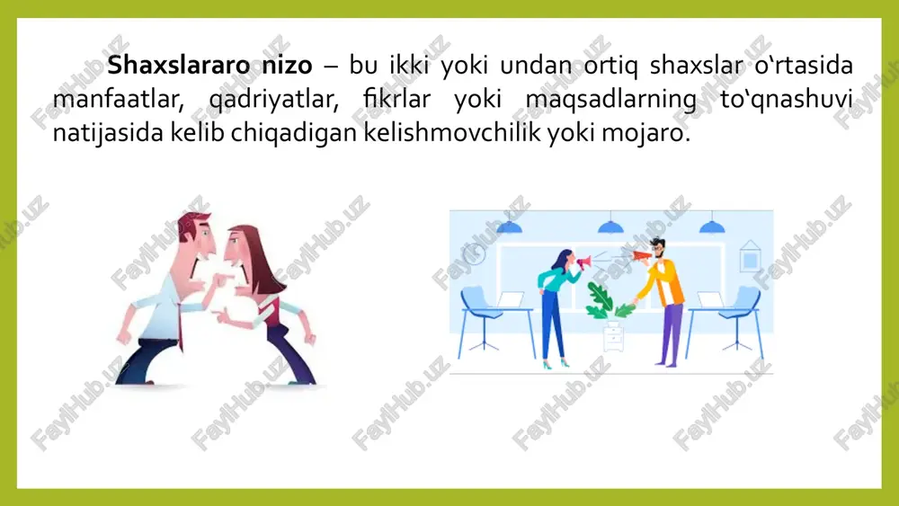 sa, murakkab va chuqur ildiz otgan nizolar uchun samarali bo‘lishi mumkin. 3. nizolarni hal qilish jarayoni nizolarni bartaraf etishda quyidagi bosqichlarga amal qilish maqsadga muvofiq: muammoni aniqlash – nizo sabablarini tushunish va muhokama qilish. har ikki tomon nuqtai nazarini tinglash – xolis va adolatli yondashuv muhim. yechim izlash – turli alternativalarni ko‘rib chiqish. optimal qarorni qabul qilish – eng maqbul va adolatli variantni tanlash. natijalarni kuzatish va nazorat qilish – qaror natijalarini tahlil qilib, zarurat bo‘lsa, tuzatish kiritish. 4. stress va emotsiyalarni boshqarish nizolar ko‘pincha stress va hissiyotlarga bog‘liq bo‘ladi. buning oldini olish uchun: xodimlarga stressni boshqarish bo‘yicha treninglar o‘tkazish. jamoaviy muhitni sog‘lomlashtirish. ish yuklamasini adolatli taqsimlash. 5. jamoaviy madaniyatni rivojlantirish sog‘lom tashkilot madaniyati nizolarni kamaytiradi: xodimlarni hurmat qilish va ularga qadriyat sifatida yondashish. ish joyida ochiq muloqotni qo‘llab-quvvatlash. jamoaviy hamkorlikni rivojlantirish. boshqaruv faoliyatida nizolarni bartaraf etish samarali rahbarlik va yaxshi kommunikatsiya ko‘nikmalariga bog‘liq. to‘g‘ri yondashuv nizolarni nafaqat hal qilish, …