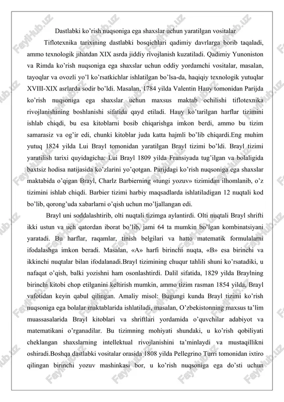 1930-yillarda oq tayoq jahon miqyosida qabul qilindi va bugun ham ko’rish nuqsoniga ega shaxslarning mustaqil harakatlanishida muhim rol o’ynaydi. xx asrda tiflotexnika rivojlanishidagi muhim ixtirolar xx asr tiflotexnika uchun inqilobiy davr bo’ldi, chunki elektr va raqamli texnologiyalar paydo bo’ldi. bu asrda ko’rish nuqsoniga ega shaxslar uchun axborotga kirish va kommunikatsiya imkoniyatlari sezilarli darajada kengaydi. eng muhim ixtirolardan biri 1934 yilda paydo bo’lgan «talking book» – ovozli kitoblar bo’lib, ular fonograf yozuvlari asosida ishlaydigan edi. bu texnologiya amerika ko’rish nuqsoniga ega shaxslar jamg’armasi tomonidan ishlab chiqilgan va ko’rish nuqsoniga ega shaxslar uchun kitoblarni ovozli formatda taqdim etishga imkon berdi. dalil sifatida, ikkinchi jahon urushi paytida bu texnologiya harbiy xizmatchilar uchun ishlatilganini keltirish mumkin, bu esa ularning ruhiy holatini yaxshilagan. yana bir muhim ixtiro – 1964 yilda robert webrext tomonidan yaratilgan tty (teletypewriter for the deaf), ammo bu texnologiya keyinchalik ko’rish nuqsoniga ega shaxslar uchun moslashtirildi va matnli kommunikatsiyaga asos bo’ldi. 1970-yillarda …
