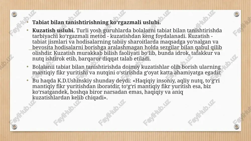 da, bo‘lishi kerak, ya’ni o‘simlik so‘limagan, navlari o‘ralmagan, xayvon qo‘lga o‘rgatilgan, sog‘lom, bolalardan cho‘chimaydigan bo‘lishi zarur. kuzatish tabiat burchagida bo‘lsa, obyekt yaxshi yoritilgan bo‘lishi, unga yaqinlashish qulay bo‘lishi uchun yorug‘lik yon tomondan tushib turishi lozim. bolalar hayvonlarning harakatini kuzata turib, ovqat berishlari, silashlari, ular bilan o‘ynashlari mumkin. bunda xayvonlar o‘zlarini erkin tutishlari, bemalol harakat qilishlari zarur. buning uchun bolalar tabiat burchagida qulay joylashib o‘tirishlari maqsadga muvofiqdir. ba’zan kuzatishlarda topishmoqlardan foydalanish yaxshi samara beradi. bolalar topishmoqlarning javobini predmetni kuzatish jarayonida topadilar. o‘rta guruh bolalari kuzatish uchun zarur bo‘lgan muhitni o‘zlari yarata oladilar (masalan, ozuqa tayyorlash, jonivor uchun joy tayyorlash kabi). bu esa bolalarning kuzatishga bo‘lgan qiziqishlarini oshiradi. xuddi kichik guruhdagidek kuzatish jarayonida xilma-xil tadqiqot (tekshirish) harakatlari, o‘yin usullari, mehnat topshiriqlaridan foydalaniladi. bu harakatlardan ba’zilari izlanish xarakterida bo‘lishi mumkin. masalan, jonivorning nima yeyishini bilish uchun unga turli ozuqa berib ko‘riladi. image4.png image5.jpg image6.jpg image7.jpg image8.jpg image3.png /docprops/thumbnail.jpeg ‘pipe an fia gun irs