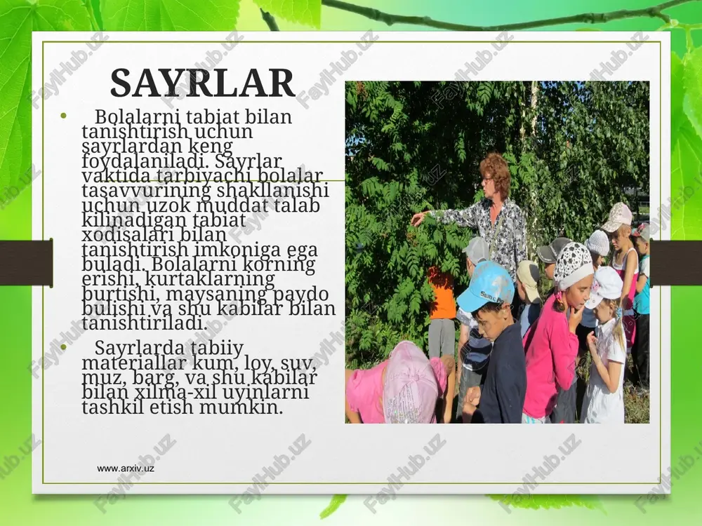 ni yanada rivojlantirish va zamonaviy uskunalar bilan ta’minlash yuzasidan qilinayotgan amaliy ishlar muhim qadam sifatida bugungi kunga kelib, o’zining yuqori sifat bosqichiga yetdi. ayniqsa, yosh avlod salomatligi, jamiyat hayoti uchun har jihatdan ahamiyatlidir. binobarin, bugungi yoshlar, ertangi buyuk kelajakni barpo etuvchi avlod hisoblanadi. dasturning maqsadi ham aslida, ham jismonan, ham ruhan kamolga yetgan avlodni tarbiyalashdan iboratdir. www.arxiv.uz www.arxiv.uz adabiyotlar: i.a.karimov yuksak ma`naviyat – yengilmas kuch.2008y. “ma`naviyat”. i.a. karimov. «barkamol avlod-o`zbekiston taraqqiyotining poydevori».t.., sharq. 1997. maktabgacha yoshdagi bolalar ta`lim- tarbiyasiga qo`yiladigan davlat talablari. t., o`z pfiti,2000.tuzuvchilar rasulova.m, abduraxmonova.x va boshqalar. bolalarni maktabga o`qishga tayyorlash(ilmiy maqolalar to`plami). t.., o`z pfiti, 1997. «uchinchi mingyillikning bolasi». tayanch dasturi. t., 2002 y. «uchinchi mingyillikning bolasi». metodik qo`llanma. t., 2000 y. p. yusupova. «maktabgacha tarbiya pedagogikasi» «o`qituvchi» t- 1993y. o.u.xasanboeva va boshqalar.oila pedagogikasi. t., “aloqachi” 2007 y. m.rasulova, d.abdullaeva, s.oxunjonova, «bolalarni maktabga psixologik tayyorgarligi» t..,2004 yil. x. axmedova va boshka… «bolangiz maktabga tayyormiq» t.., 2000y. o.u.xasanboeva …