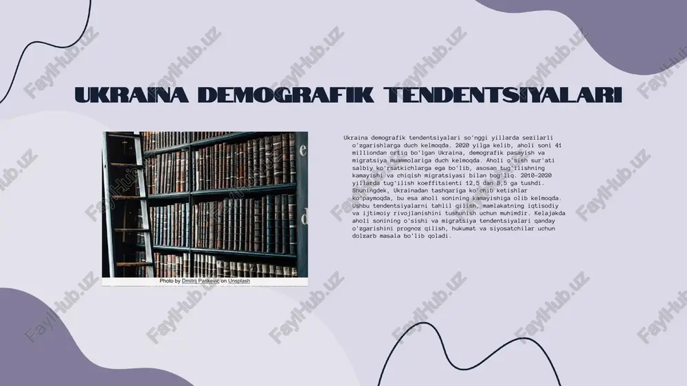 y muammolarni tahlil qilish siyosiy va ijtimoiy muammolarni tahlil qilishda swot tahlili foydali vosita bo'lishi mumkin. kuchli tomonlar - ijtimoiy harakatlar va fuqarolik jamiyati, zaif tomonlar - korrupsiya va hukumat ishonchsizligi, imkoniyatlar - xalqaro yordam va islohotlar, tahdidlar - ijtimoiy qo'zg'olonlar va siyosiy beqarorlikdir. ukraina siyosiy va ijtimoiy statistika tahlili ukraina siyosiy va ijtimoiy statistikasi tahlili quyidagi asosiy ko‘rsatkichlarni o‘z ichiga oladi: 1. aholi soni – 2023 yil holatiga ko‘ra 41 millionga yaqin; 2. iqtisodiy o‘sish sur’ati – 2022 yilda 3,4% ko‘tarilgan; 3. ishsizlik darajasi – 2023 yilda 8% ga teng; 4. ijtimoiy muammolar – ta’lim va sog‘liqni saqlash sohalarida qiyinchiliklar mavjud. ushbu statistik ma’lumotlar ukraina siyosiy va ijtimoiy muammolarini aniqlash va ularga yechimlar taklif qilishda muhim ahamiyatga ega. xulosa ukraina aholisining statistikasi quyidagi asosiy omillarni o'z ichiga oladi: 1. **aholi statistikasi**: aholining umumiy soni 41 milliondan oshadi, erkaklar va ayollar orasida nisbiy taqsimot 48% va 52% ni tashkil etadi. …