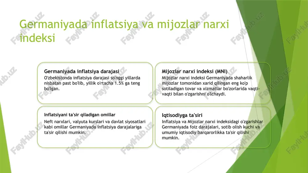 odiy rivojlanishning muhim ko'rsatkichlari gdp o'sishi, ishsizlik darajalari va turli mintaqalarda sanoat ishlab chiqarish darajalari. germaniya hukumati regional farqliliklarni bartaraf etish uchun turli siyosatlar va loyihalarni amalga oshirgan, masalan, infratuzilma investitsiyalari va noaniq mintaqalarda kichik bizneslarga qo'llab-quvvatlash. germaniyada iqtisodiy holat va prognoslar joriy iqtisodiy holat germaniyaning iqtisodiyoti hozirgi vaqtda yevropa bo'ylab eng katta hisoblanadi, sanoat, texnologiya va eksportga kuchli e'tibor qaratadi. rivojlanish va kengayish prognozlar, ko'proq ichki iste'mol, infrastrukturaga investitsiyalar va xizmatlar sohasida rivojlanayotgan iqtisodiy o'sishni ko'rsatadi. muammo va risklar qat'iy bashoratlarga qaramasdan, potentsial muammo va risklar global savdo mablag'larini, brexit ta'siri va barqaror energiya echimlarini o'z ichiga oladi. e'tiboringiz uchun rahmat! /docprops/thumbnail.jpeg germaniya daviati