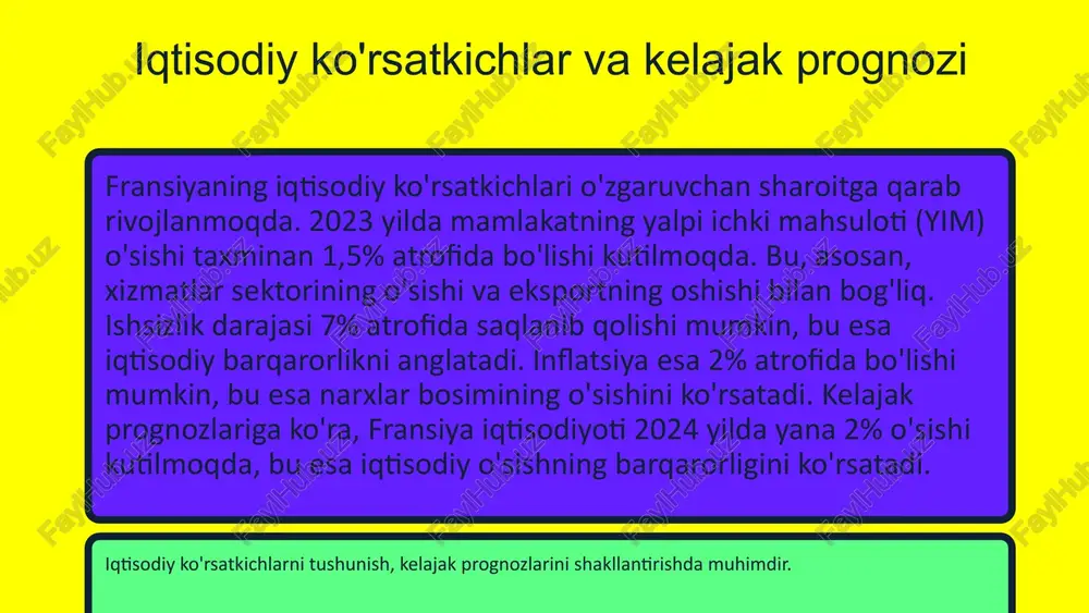 og'liq o'rtasidagi aloqalarni yanada chuqurlashtirishi mumkin. raqobatning kuchayishi bilan bir qatorda, ta'lim va sog'liq tizimlarida resurslar taqsimoti muammolari yuzaga kelmoqda. fransiyada ta'lim va sog'liq swot tahlili kuchli tomonlar: fransiyada ta'lim tizimi yuqori sifatli o'qituvchilar va zamonaviy ta'lim metodlariga ega. sog'liqni saqlash sohasida esa, yuqori darajada tibbiy xizmatlar va keng qamrovli sog'liqni saqlash dasturlari mavjud. zaif tomonlar: ta'lim tizimida ayrim hududlarda resurslar yetishmasligi va ta'limni individualizatsiya qilishda qiyinchiliklar mavjud. sog'liqni saqlash tizimida esa, ayrim ijtimoiy qatlamlar uchun xizmatlardan foydalana olmaslik muammosi bor. imkoniyatlar: yangi texnologiyalardan foydalanish orqali ta'limni yanada yaxshilash va sog'liqni saqlash xizmatlarini raqamlashtirish imkoniyatlari mavjud. tahdidlar: iqtisodiy qiyinchiliklar va pandemiyalarning ta'lim va sog'liq tizimlariga salbiy ta'siri mavjud. fransiyada ta'lim va sog'liq tizimlarida kuchli va zaif tomonlar, imkoniyatlar va tahdidlarni aniqlash, rivojlanish uchun muhim ahamiyatga ega. xulosa fransiya iqtisodiy ko'rsatkichlari fransiyaning iqtisodiy o'sish sur'ati 1.5% ni tashkil etadi. bu ko'rsatkichlar mamlakatning barqarorligini va global iqtisodiyotdagi o'rnini ko'rsatadi. demografik o'zgarishlar fransiya …