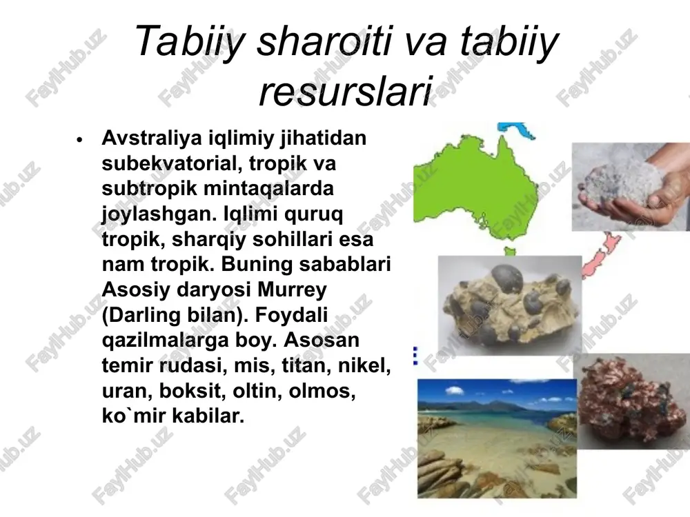 ir nimaligini bilmagan aborogen qabilalari istiqomat qilishardi. ularning asosiy mashg`uloti temirchilik va ovdan iborat edi. xviii asr oxirlarida mamlakat hududida 300000 aborogen yashagan. 1606 yili gollandiyalik dengizchi v. yanszon yevropaliklardan birinchi bo`lib, avstraliya qirg`oqlariga yetib kelgan. 1643 yilda yana bir golland dengizchisi a. tasman mamlakatning shimoliy qirg`oqlari va tasman orollarini o`rganib chiqdi. 1770 yilda ingliz kapitani j. kuk avstraliyaning sharqiy qirg`oqlariga kelib tushdi va qit`ani britaniya mulki deb e`lon qildi. xviii asr oxirida avstraliyada birinchi ingliz manzilgohi – sidney shahriga asos solindi. angliya avstraliya hududidan mahbuslarni surgun qilish joyi sifatida foydalandi. 1901 yilning 1-yanvarida avstraliyadan dominion mavqeini olgan avstraliya ittifoqi tashkil topdi. i jahon urushi davrida avstraliya qo`shinlari fransiya va yaqin sharqda olib borilgan harbiy harakatlarda ishtirok etdi. urushdan so`ng avstraliya nauru oroliga ega bo`ldi. 1931 yilda avstraliya vestminster statutiga ko`ra tashqi va ichki siyosatda to`la mustaqillikni qo`lga kiritdi. avstraliya ii jahon urushi davrida antigitlerchilar ittifoqi tarafida turib jang qildi. …