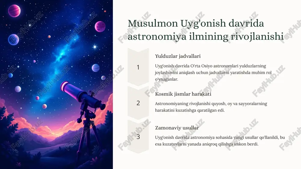 mmal asar hisoblanadi. al-farobiy (870-950): falsafa, mantiq, astronomiya va musiqa sohalarida yorqin iz qoldirgan olim. uning "falsafa darslari" asari falsafa tarixida muhim o'rin tutadi. bu allomalar va ularning ishlari o'rta osiyo madaniyatiga, shuningdek, dunyo ilm-faniga ulkan ta'sir ko'rsatgan. ularning asarlari bugungi kunda ham ilm-fanning rivojlanishiga xizmat qilmoqda. 11 xulosa va keyingi istiqbollar 1 musulmon uyg'onish davri o'rta osiyo tarixida ilm-fanning gullab-yashnashiga olib kelgan muhim davr bo'lgan. 2 allomalar hissalari o'rta osiyo allomalari dunyo ilmini boyitgan, ularning ilmiy kashfiyotlari va tadqiqotlari zamonaviy ilm-fanning rivojlanishiga asos bo'lgan. 3 kelajakda o'rta osiyo ilmiy merosini o'rganish va rivojlantirish, yangi tadqiqotlar olib borish, xalqaro hamkorlikni kuchaytirish muhimdir. 12 image1.png image2.jpeg image3.png image4.png image5.png image6.png image7.png image8.png image9.png image10.png image11.png image12.png image13.png image14.png image15.jpeg image16.jpeg image17.png be ix-xii acpaapaa sma6 wxoy kuaran ypra ocuénux 6yr0k aomaap ba yaphhhr *kaxon dhbeag3anbach phbokata kya xhccanaph