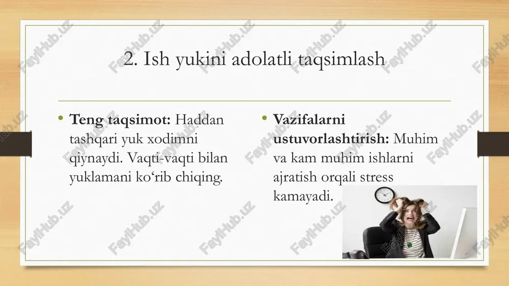 rahbarlar o'rtasidagi psixologik barqarorlik psixologik barqarorlik - bu xodimlar o'zlarini ishonch va hurmat muhitida his qiladigan, xavfsiz tarzda fikr bildirishga, savollar berishga, xatolar qilishga va ulardan o'rganishga qodir bo'ladigan holatdir. tadqiqotlar ko'rsatishicha, psixologik barqarorlik yuqori bo'lgan jamoalarda xodimlarning stress darajasi pastroq va innovatsion g'oyalar ko'proq paydo bo'ladi. rahbarlar ochiq muloqotni rag'batlantirish, xatolarni jazo emas, o'rganish imkoniyati sifatida qabul qilish va xodimlarning barcha fikrlarini hurmat bilan tinglash orqali psixologik barqarorlikni ta'minlashlari mumkin. psixologik barqarorlik o'rnatilgan muhitda xodimlar o'zlarini erkinroq his qiladilar, bu esa stressni kamaytiradi va motivatsiyani oshiradi. 17 rahbar va xodimlar o‘rtasidagi muvozanat qanday bo‘ladi? a) rahbarlar uchun: empatiya: xodimlarni tushunishga harakat qilish. ochiq muloqot: muammolarni yashirish emas, balki muhokama qilish. e’tirof etish: yaxshi ishlagan xodimni qadrlash. b) xodimlar uchun: fikr bildirishdan qo‘rqmaslik mas’uliyatni o‘z zimmasiga olish tashabbus ko‘rsatish . barqarorlikni buzadigan omillar: haddan tashqari nazorat yoki bosim ish joyida adolatsizlik muloqot yetishmasligi emotsional sovuqlik yoki befarqlik barqarorlikni ta’minlash yo‘llari: …