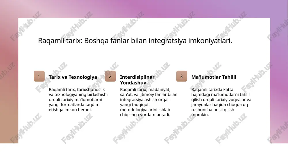 meros. o'zbekiston respublikasi fanlar akademiyasi, 2022 2. akramov b. raqamli tarix fanining nazariy asoslari. o'zbekiston milliy universiteti, 2021 3. saidov m. raqamli yondashuvlar: o'zbek tarixida yangi imkoniyatlar. tarix fanlari bo'yicha xalqaro konferensiya ma'ruzalar to'plami, 2023 4. toshpo'latov z. raqamli tarixning boshqa fanlar bilan aloqalari. o'zbekiston milliy universiteti, 2020 5. khodjiev m. raqamli tarix va madaniyat: o'zbekiston tajribasi. o'zbekiston respublikasi madaniyat vazirligi, 2023 e'tiboringiz uchun rahmat! /docprops/thumbnail.jpeg fanning boshqa fanlar bilan alogadortigh roja + raat aca rdany mee soap © raunt rc nanan son mene "cnet aioe