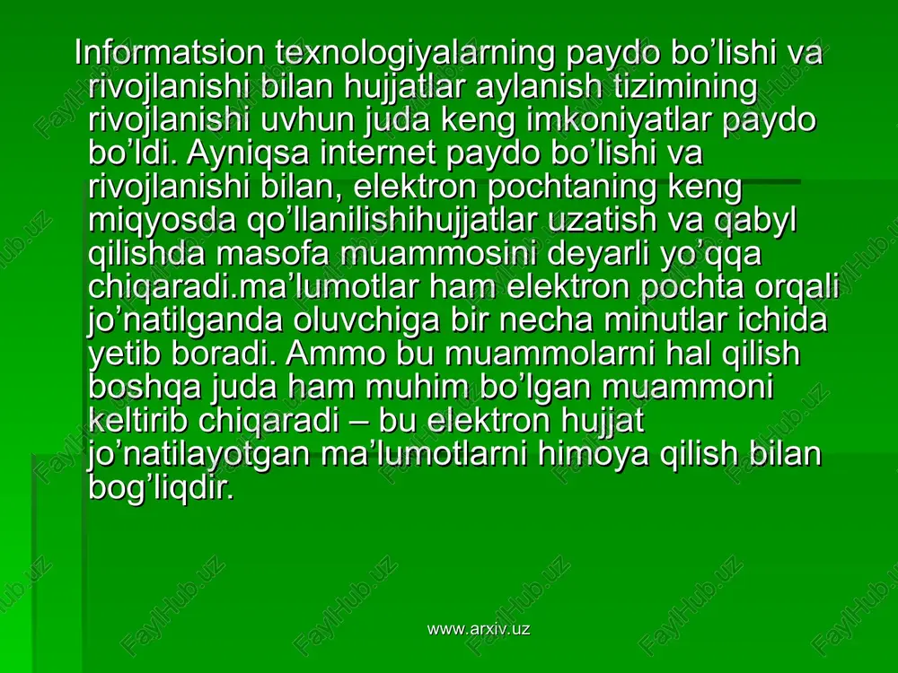 an turib o’qib olish va boshqalarga ma’lum qilishdirmaning faoliyatini ishdan chiqarishi mumkin pochta serverini band qilib qo’yish xizmat ko’rsatish sifatiniancha kamaytirishi mumkin. pochta orqali viruslarni jo’natish ham juda xafli hujum turlaridan biridir. www.arxiv.uz www.arxiv.uz elektron pochtani himoya qilish uchun quyidagi usullardan foydalanish mumkin: no’to’g’ri ko’rsatilgan manzillardan himoyalanish uchun shifrlanish usuludan foydalanish mumkin. eng yaxshi usullardan biri – ochiq kalitli shifrlashni ishlatishdir. aqsh hukumatibuning uchun secure hash algorithm (sha) va digital singnature stanfart deb nomlangan xesh-funksiyali algoritmlarni ishlatishni talab qiladi.lekin eng ko’p ishlatiladigan tijorat dasturlari rsa firmasining rc2, rc4, rc5 algoritmlaridan foydalanadi. www.arxiv.uz www.arxiv.uz ma’lumotlarni birovlar tomonidan o’qib olishidan himoyalanish uchun na’lumotni shifrlashdan yoki ma’lumot o’tkazish kanalini shifrlashdan foydalanish mumkin.elektron pochtani shifrlashni bir necha usullari taklif etilgan, ammo ularning ichida eng keng tarqalganipgp usulidir. pgp usulining tijorat versiyasibir necha xizmatlari uchun moslashtiriladigan vositalrga ega. bu esa u yordamida elektron maktubga elektron imzo qo’yishni osonlashtiradi vamijoz tomonidan xatnishifrlash imkonini beradi.pgp usulining eng …