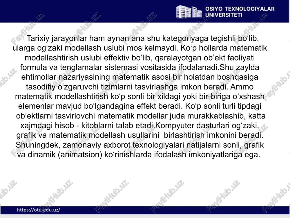 nganligidan dalolat berar edi. tadqiqotchilar parametrlarni o‘zgartirib, modelning reallikka yaqinlashuvi oilalardagi xotinlar soni (yanomama oilasida ko‘p xotinlilikka yo‘l qo‘yiladi) barcha uchun teng bo‘lmay, ijtimoiy darajaga bog‘liq holda tanlanganda ro‘y berar ekan. tarixiy demografiyada bevosita kuzatishning imkoniyati bo‘lmagan tarixiy jarayonlarning sonli xarakteristikalarini aniqlashda ham modellashtirishdan foydalaniladi. xuddi shu usulda neolit davri aholisining ilk bor o‘troq xo‘jalik vujudga kelgan yaqin sharqdan g‘arbiy evropa hududi bo‘yicha taxminiy tarqalish tezligi o‘lchangan.bu tadqiqotlarga ko‘ra neolit davri aholisining kontinent bo‘ylab tarqalish tezligi yiliga 1 km ni tashkil etdi. bu toifadagi modellar o‘lchash modellari deb ataladi. bunday modellar ishidan olinadigan natijalar boshlang‘ich parametrlarga bog‘liq bo‘lib, modelning qimmati ushbu parametrlarning ishonchliligiga bog‘liq. o‘lchash modellarini qurish ilmiy gipotezalarni tekshirish uchun ham effektiv vosita hisoblanadi. bu esa tarix fanini ma’lum darajada aniq fanlarga yaqinlashtiradi. bu borada zamonaviy jamiyatning keying rivojlanish yo‘lini bashorat qilish maqsadida uni global modellashtirishga urinishlar ham mavjud. bu modellar yordamida olingan prognozlar halokatli bo‘lib, ekologik, ijtimoiy, demografik …