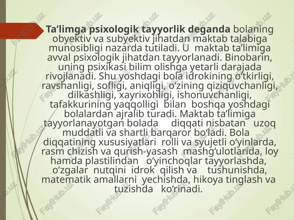 bolalar erkin muloqotga kirisha oladilar, qiziqtirgan narsalar haqida suray oladilar. natijada ularning o`qishga bo`lgan qiziqishlari ortadi va o`qituvchi gapirayotgan narsalarni diqqat bilan o`zoq vaqt eshita oladilar. demak, bolaning maktabga tez moslashishi va muvaffaqiyatli o`qishida shaxsiy va ijtimoiy-psixologik tayyorgarligining ham ahamiyati juda katta. bu davrda bolalarda avvalo bilish sohalari, so`ngra esa emotsional motivatsion yo`nalish bo`yicha yangi shaxsiy hayot boshlanadi. u yoki bu yo`nalishdagi rivojlanish obrazlilikdan ramzlikkacha bo`lgan bosqichlarni o`taydi. — — = “= == poa) u ° _