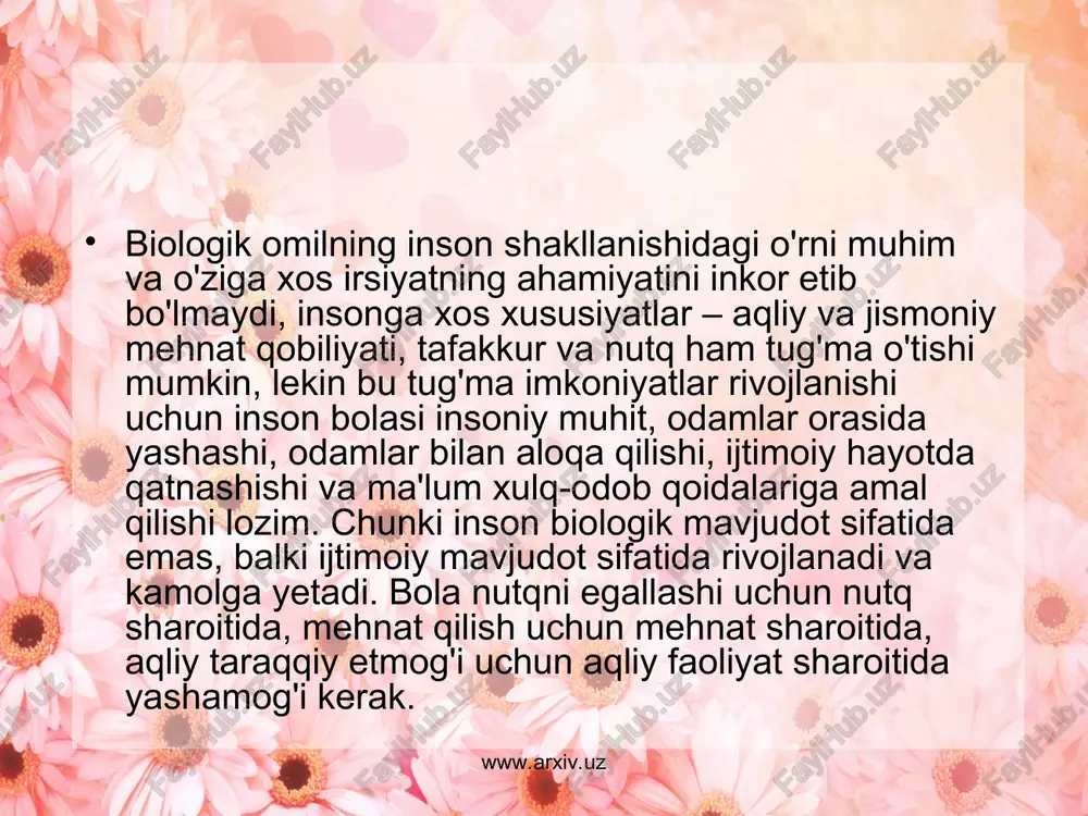 bolada ma'naviy qarash shakllanadi: endilikda ular turli harakatlarni «yaxshi», «yomon» deya baholab boradilar. bu davrda bola hayotida o'yin bilan birga faoliyatning boshqa turlari ham ahamiyatli bo'lib boradi, dastlabki mehnat ko'nikmalari hosil bo'ladi: rasm chizadi, loydan, qumdan shakllar yasaydi, karton va ayrim tabiiy materiallardan turli buyumlar yasaydi. shuningdek, ular kattalar tomonidan berilgan oddiy topshiriqlarni bajarib boradilar. ularni kuchlari yetadigan ishlarga jalb qilish yaxshi samara beradi. www.arxiv.uz www.arxiv.uz kichik maktab o'quvchilarining bosh miyasi tez o'sib borib, uning tuzilishida o'zgarishlar ro'y beradi. ularda o'pka rivojlangan, lekin nafas yo'li hamda diafragma bo'sh rivojlangan bo'ladi, shu tufayli kichik yoshdagi o'quvchilar ko'p vaqt harakatsiz qolsalar, organizmning kislorod bilan ta'minlanishi yomonlashadi. kichik yoshdagi o'quvchilarning yuragi, qon aylanish tizimi va nafas olish organlari o'sishda davom etadi. ularning yuragi o'zidan kattalarnikiga nisbatan ikki marta ko'p qon ishlab chiqaradi. shu bois ularning yurak urishi tez bo'lib, har daqiqada 90-92 martaga yetadi. qonning tarkibida oq qon tanachalari ko'p bo'ladi. jismoniy o'sishning …
