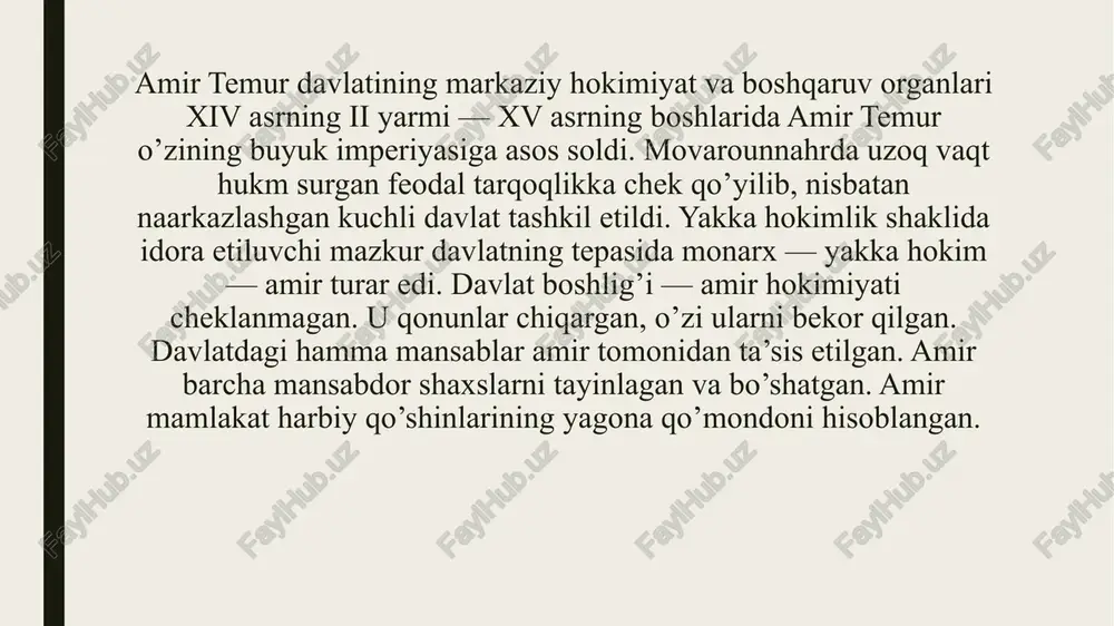 ahvolini, mamlakat obodonchiligini, muhim jshlardan qaysi biri bitgan-bitmaganligini hal qilgan. temur hokimiyati ostidagi o’troq dehqon ommasi va shahar aholisini boshqarish viloyatlaming hokimlari — valilar, o’lkalar — beklar va shaharlar — hokimlar tomonidan amalga oshirilgan. kentlar (uyezd) va qishloqlar tepasida arboblar turgan. ular viloyat va okruglarning hokimlari tomonidan tayinlangan. mahalliy hokimiyat boshliqlari asosan aholidan soliq va o’lponlarni yig’ishni va bularni davlat xazinasiga o’z vaqtida yetkazishni kuzatib turganlar. har bir viloyat, tuman va shaharlarda moliya ishlarini 3 ta vazir yuritgan: 1) xiroj va miqdorini belgilashi va uni yig’ish bilan shug’ullanuvchi vazir; 2) navkarlar o’rtasida soliqlardan tushgan mablag’larni taqsimlovchi vazir; 3) egasiz mulklarni boshqaruvchi vazir. ko’chmanchi va yarim ko’chmanchi aholi ichida mahalliy hokimiyat tumanlar va uluslarning hokimlariga tegishli «bo’lgan. bu yerlarda aholi orasida urug’-qabilachilik an’analari saqlanib qolgan bo’lib , u asta-sekin shariat normalari tomonidan siqib chiqarilgan. sud va politsiya hokimiyatining tashkil etilishi temur davlatida sud ishlari qozilar tomonidan amalga oshirilgan. sudlar ochiq ko’rinishdagi …