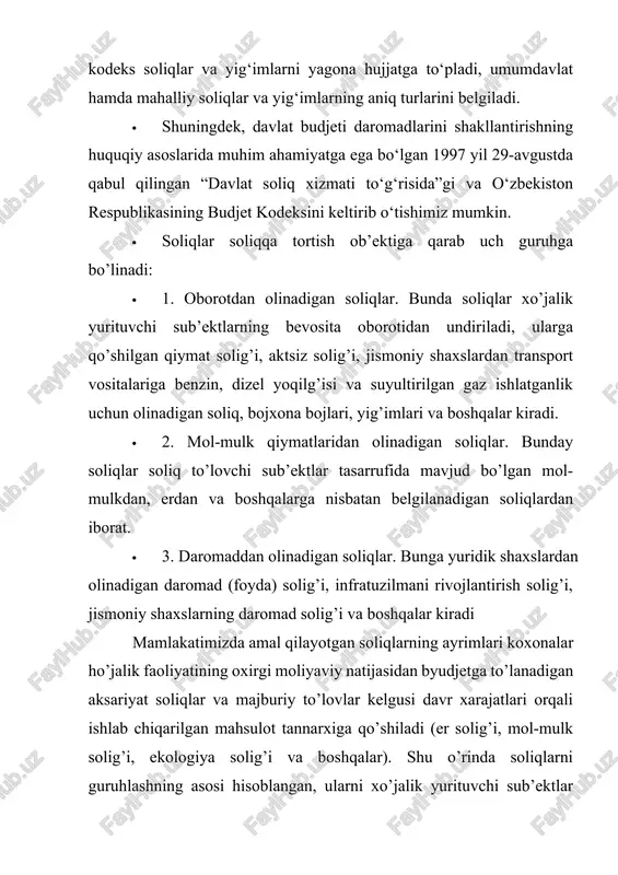 soliqlari va majburiy to’lovlar 1. yuridik shaxslardan olinadigan foyda solig’i 2. jismoniy shaxslardan olinadigan daromad solig’i 3. qo’shilgan qiymat solig’i 4. aksiz solig’i 5. yer qa’ridan foydalanuvchilar uchun soliqlar va maxsus to’lovlar 6. suv resurslaridan foydalanganlik uchun soliq 7. bojxona to’lovlari 8. davlat boji 9. ijtimoiy jamg’armalarga majburiy to’lovlar 10. respublika yo’l jamg’armasiga yig’imlar soliq solishning soddalashtirilgan tartibida to’lanadigan umumdavlat soliqlari: 11. yagona soliq to’lovi 12. tadbirkorlik faoliyatining ayrim turlari bo’yicha qat’iy belgilangan soliq mahalliy soliqlar va yig’imlar · mahalliy soliqlar va yig’imlar 1. mol-mulk solig’i 2. yer solig’i 3. obodonlashtirish va ijtimoiy infratuzilmani rivojlantirish solig’i 4. jismoniy shaxslardan transport vositalariga benzin, dizel yoqilg’isi va gaz ishlatganlik uchun olinadigan soliq 5. ayrim turdagi tovarlar bilan chakana savdo qilish va ayrim turdagi xizmatlarni ko’rsatish huquqi uchun yig’im soliq solishning soddalashtirilgan tartibida to’lanadigan mahalliy soliq: 6. yagona yer solig’i · o‘zbekiston respublikasi davlat budjeti ijtimoiy xarajatlarini o‘sish tendentsiyasiga ega ekanligi davlat budjeti …