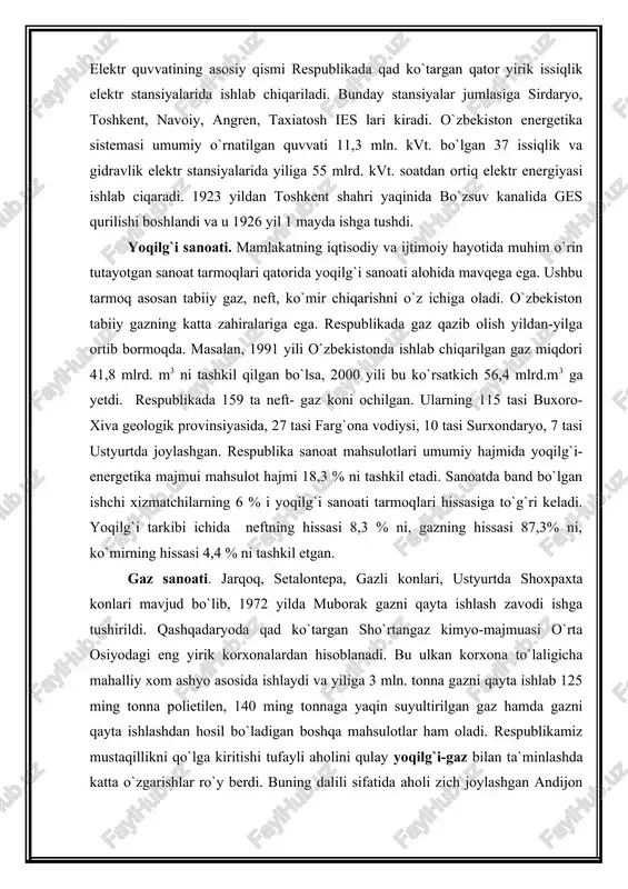 ing dalili sifatida aholi zich joylashgan andijon viloyatining xo`jaobod shahrida yirik yer osti gaz ombori qurilganligini aytib o`tish mumkin. neft sanoati. yoqilg`i sanoatining rivojlanishida neftning tutgan o`rni yil sayin ortib bormoqda. yirik neft konlari chimyon koni, surxondaryoda uchqizil, xovdog`, farg`onada janubiy va shimoliy olamushuk, polvontosh, andijon konlari kiradi. 1985 yilda ko`kdumaloq koni ochildi. farg`ona neftni qayta ishlash zavodida surkov moylari, yonilg`i ishlab chiqariladi. ko`kdumaloq koni ochilgandan so`ng fransiyaning teknep firmasi bilan hamkorlikda 1993 yildan qorovulbozor neftni qayta ishlash zavodi qurila boshlandi va u 1995 yilning 19 mayidan mahsulotni bera boshladi. bu zavodlarda dizel yoqilg`isi, koks, parafin, motor va surkov moylari, kerosin, bitum, mazut ishlab chiqaradi. ko`mir sanoati. mamlakat yoqilg`i sanoatida ko`mir ishlab chiqarish ham muhim o`rin egallaydi.bu borada angren qo`ng`ir ko`mir koni va surxondaryodagi sharg`un, boysun ko`mir konlarining ulushi katta. angren qo`ng`ir ko`mir koni respublikada chiqarilayotgan jami ko`mirning 97 % ini beradi. respublika sanoat tarmoqlari orasida yetakchi o`rinlardan birini rangli …