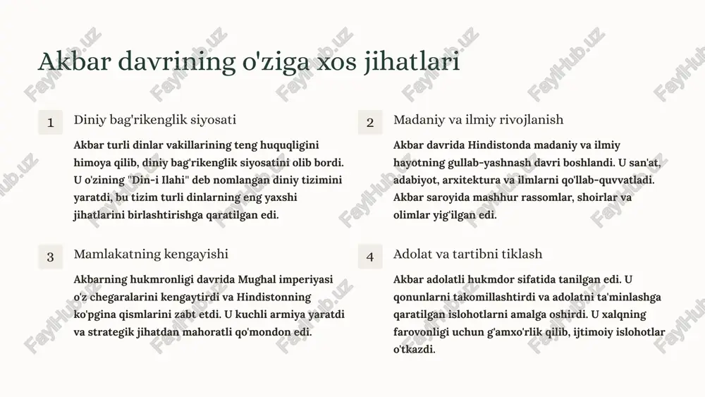 bo'lib, ular jamiyat hayotining ajralmas qismi edi. masalan, holi, diwali, id al-fitr va id al-adha kabi bayramlar katta shov-shuv bilan nishonlangan. san'at va hunarmandchilik hindistonning boy san'at va hunarmandchilik an'analari rivojlangan. to'qimachilik, zargarlik buyumlari, haykaltaroshlik va musiqa kabi sohalarda yuqori darajadagi mahorat namoyon bo'lgan. 12 xulosa ilk o'rta asrlarda hindiston tarixi boy va murakkab bo'lgan davr bo'lib, uning madaniy, siyosiy va iqtisodiy rivojlanishiga katta ta'sir ko'rsatgan. bu davrda hindiston turli xil g'oyalar va madaniyatlarning aralashuvi natijasida o'ziga xos identifikatsiyani shakllantirgan. hindistonning o'ziga xos madaniy merosini saqlab qolish, shuningdek, jahon madaniyatiga o'z hissasini qo'shganligi, bu davrni o'rganishda muhim ahamiyatga ega. 13 foydalanilgan adabiyotlar. 1.semenov v.f. o`rta asrlar tarixi. t.1973. 2.kurbangalieva r.s. o`rta asrlar tarixidan ukuv metodik qo`llanma. m.1980. 3.krilov a.a. srednevekovo`y angliyskiy gorod.m.1949 4.saprigin yu.m. istoriya srednix vekov m 1971 image1.png image2.png image3.png image4.png image5.png image6.png image7.png image8.png image9.png image10.png image11.png image12.png image13.png image14.png image15.png image16.png image17.png image18.png image19.png image20.png image21.png …