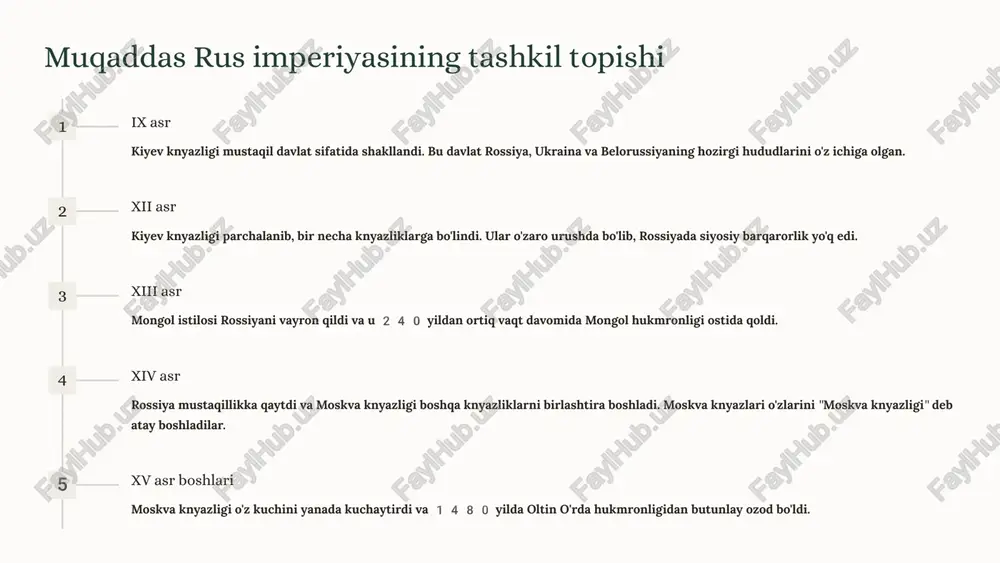 ar biri tarixda muhim rol o'ynadi va jahon siyosatiga ta'sir ko'rsatdi. fransiya va angliyaning o'zaro munosabatlari yuz yillik urushga olib keldi, bu esa ikki davlatning iqtisodiy-siyosiy holatiga salbiy ta'sir ko'rsatdi. muqaddas rus imperiyasi esa o'zining kengayish va mustahkamlanish davrini boshdan kechirdi. 13 foydalanilgan adabiyotlar. 1.semenov v.f. o`rta asrlar tarixi. t.1973. 2.kurbangalieva r.s. o`rta asrlar tarixidan ukuv metodik qo`llanma. m.1980. 3.krilov a.a. srednevekovo`y angliyskiy gorod.m.1949 4.saprigin yu.m. istoriya srednix vekov m 1971 image1.png image2.png image3.png image4.png image5.png image6.png image7.png image8.png image9.png image10.png image11.png image12.png image13.png image14.png image15.png image16.png image17.png image18.png image19.png image20.png image21.png image22.png midio ce uriy muscory state ~holy roman empire evnre of hurdes hundred years after hunpe’s war ee holy rurman empire. spleers of the holy rurman empire. =) endand the lenveienge. retee by bip. z,,._ 140m..