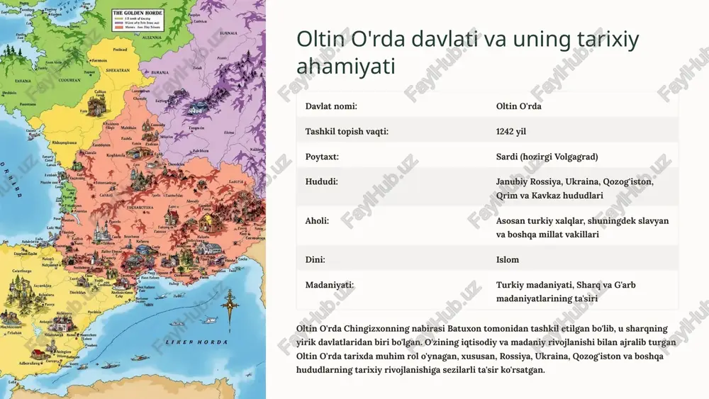 shi shibonohovlar o'rta osiyodagi turkiy qabilalardan biri bo'lib, ular xii asrda xorazm viloyatiga ko'chib kelganlar. shibon xonning avlodlari xv asrda xorazm hududida mustaqil xonlik tashkil qilishdi. xorazmshohlar bilan hamkorlik shibonohovlar xorazmshohlar davlati bilan yaqin aloqalar o'rnatganlar va ularning harbiy kuchini kuchaytirishga ko'maklashgan. shibonohovlar xorazmshohlarning ko'plab urushlarida qatnashganlar va ularning xizmatlari uchun boylik va imtiyozlarga ega bo'lganlar. 12 xulosa: mu'g'illar imperiyasining taraqqiyot bosqichlari xii-xiii asrlar mu'g'illar qabilalarining birlashishi va chinggizxonning hukmronligi. harbiy islohotlar va imperiya barpo etilishi. uluslarga bo'linishi. xiv asr oltin o'rda davlatining vujudga kelishi va uning taraqqiyoti. maxmudbek, to'xta xon va ozbek xon davrlari. uluq ming g'ozibek isyoni. xv asr xubiloy g'on davri va ulug' sharliq. qozoq xonligining vujudga kelishi. sohibqiron amir temurning mu'g'illar ustidan g'alabasi va uning ta'siri. 13 image1.png image2.png image3.png image4.png image5.png image6.png image7.png image8.png image9.png image10.png image11.png image12.png image13.png image14.png image15.png image16.png image17.png image18.png image19.png ra the golden horde. te js alsennm j ft releon …