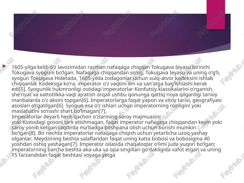 a tartibsizliklar davom etgan[27] shahzodaning siyosiy notinchlikdan xabardor boʻlgani bizga nomaʼlum[28]. bu davrda u avval otasidan, keyin saroy shoirlaridan „vaka“ sheʼriyatini oʻrgandi[29]. 1866-yilda shahzoda oʻzining klassik taʼlimini davom ettirayotgan paytda, tokugava yosinobu syogun, oʻz lavozimini egalladi. tokugava yosinobu islohotchi boʻlib, yaponiyani gʻarb uslubidagi davlatga aylantirmoqchi edi. yosinobu oxirgi syogun edi va bir necha qarshiliklarga uchraydi. 1866-yil oʻrtalarida bakufu armiyasi janubiy yaponiyadagi isyonchilarni jazolash uchun yoʻlga chiqdi. armiya magʻlubiyatga uchradi[30]. imperator komei 36 yoshida qattiq kasal boʻlib, 1867-yil 30-yanvarda vafot etdi. britaniya diplomati ser ernest satow (talaffuzi: ernest satou) shunday deb yozgan edi: „[imperator komeining] siyosiy sahnadan gʻoyib boʻlib, uning oʻrniga oʻn besh yoki oʻn olti [aslida o‘n to‘rt] yoshli bolakayni qoldirishi eng maqbul fikr boʻlganini inkor etib boʻlmaydi“[31]. xorijiy kuchlar vakillari yaponiyada oʻz taʼsirini kuchaytirishga intiladilar. koʻpgina daimyolar bakufuning tashqi ishlar bilan shugʻullanishidan tobora koʻp norozi boʻlganlar. sisi yoki „oliy maqsadli kishilar“ deb nomlanuvchi koʻp sonli yosh samuraylar uchrashib, syogunlikga …