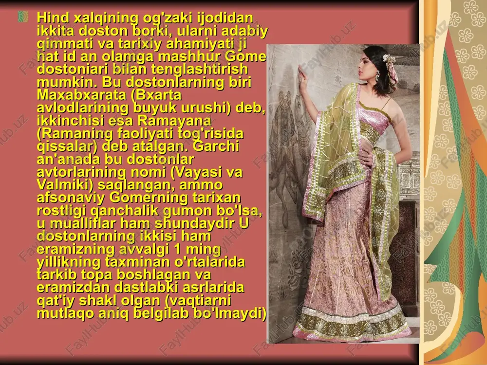 7-a.larda devoriy rassomlik gul-lab yashnadi (ajantadat g`or ibodatxonalar). 10— 12-a.larda bronza haykal-taroshligi keng tarqaldi [raqs tushayo-tgan shiva (natarajan) haykalchasi]. 13-a.dan dehli sultonligi va keyinchalik boburiylar davlati davrida amaliy bezak san`ati va kitob mini-atyurasi taraqqiy etdi. o`rta asrlarda hindistomda miniatyura san`ati rivojlandi. dastlabki hind miniatyura maktablaridan gujarot maktabi mashhur bo`lgan. 16-a.da miniatyura san`atining boburiylar maktabi vujudga keldi. bu maktab vakillari tasvirning haqqoniy bo`lishiga intildi; tarixiy risolalarga bezaklar yaratish, portret va ani-malistik janrlar keng tarqaldi. mustamlakachilik davrida h. professional san`ati deyarli rivojlanmadi, xalq hunarmandchiligi (gilam to`qish, kash-tachilik, to`qish, fil suyagi va yog`och o`ymakorligi, qadama naqsh, tanga zarb qilish va b.) taraqqiy etdi. 19-a. oxi-ridan zamonaviy rassomlik vujudga keldi (r.r.varma). musiqasi 4 ming yillik tarixga ega bo`lib, dunyoda eng qad. va o`ziga xos shakllardan tashkil topgan. uning ildizlari xalq bayram va diniy marosimlari, xarappa madaniyati (ayniqsa, mohenjodaro taraqqiyot davri) bilan bevosita bog`liq. h.ning qad. yozma yodgorliklari ("vedalar" — "rigveda", "samaveda", "atharvaveda" va "yajur-veda"; …