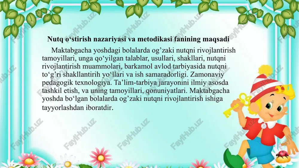 og’i lozim»8. maktabgacha ta’lim tashkilotsining ye.i.tixeeva tomonidan olg’a surilgan asosiy vazifasi – bolalarning barcha qobiliyatlarini, shu jumladan nutqni egallash qobiliyatini jadal rivojlantirish uchun shart-sharoitlar yaratishdan iborat. ayni paytda nutqni o‘rgatish bolalar bog’chasidagi butun tarbiya ishlarining asosini tashkil qilmog’i zarur. ikkinchi vazifa – bolalar nutqining shakli, uning kichkintoy atrofdagilardan o‘zlashtirib oladigan narsalar tuzilmasi ustida ishlashidan iborat. uchinchi vazifasi – bolalar nutqini rivojlantirish vazifasini tarbiyachilar zimmasiga yuklagan holda pedagog ye.i.tixeeva fikriga ko‘ra, bolalar nutqini rivojlantirishning eng yangi metodlarini o‘zlashtirishi, nafaqat metodik usullarni bilishi, balki ularni bolalar bilan muloqot chog’ida qo‘llay olishi ham darkor. ye.i.tixeeva o‘z metodikasida bolalar nutqini rivojlantirishga oid ishlar mazmunini hamda nutqning rivojlanishi, og’zaki nutq rivojlanishi ro‘y beradigan faoliyat turlarini aniqlaydi. mashg’ulotlar jarayonida ushbu faoliyat turlarini yo‘lga qo‘yishda tixeeva asosiy e’tiborni lug’atni boyitish va ravon nutqni rivojlantirishga qaratish lozimligini ko‘rsatadi. u ko‘rgazmaviylik va kuzatishni bola nutqini rivojlantirish asosi deb hisoblaydi. ye.i.tixeeva tomonidan ekskursiyalarni o‘tkazish metodikasi ishlab chiqilgan, ekskursiyalarni bunday tashkil …