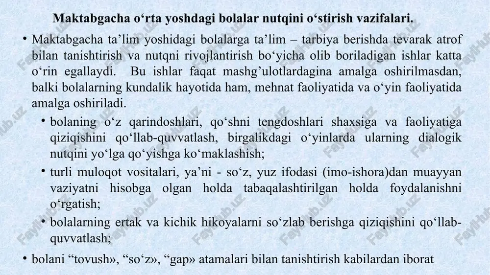 lgan bilimlarni mustahkamlovchi mashg’ulotlar, nazorat mashg’ulotlari va majmuaviy mashg’ulotlar. maktabgacha katta yoshdagi bolalar nutqini o‘stirish mazmunu. bola tilining grammatik tizimini o‘z vaqtida shakllantirish – uni to‘laqonli nutqiy va umumiy psixologik rivojlantirishning muhim sharti hisoblanadi. tilning grammatik tizimini bola predmetli harakatlarni o‘zlashtirish bilan uzviy bog’liqlikda bilishni rivojlantirish asosida egallaydi. maktabgacha yoshdagi bola nutqining grammatik tizimini shakllantirish morfologiya (so‘zlarni rodlar, sonlar, kelishiklarga qarab o‘zgartirish), so‘z hosil qilish (maxsus vositalar yordamida bir so‘z negizida boshqa so‘zni hosil qilish), sintaksis (oddiy va qo‘shma gaplarni tuzish) ustidagi ishlarni o‘z ichiga oladi. bolalarning grammatik rivojlanishi boshqarishni pedagog eng avvalo ham bolaning o‘zi bilan (dialog shaklida), ham boshqa bolalar bilan birgalikdagi muloqot faoliyati vositasida amalga oshirishi lozim. mavzu: baxmal kapalak bilan tanishtirish maqsad: bolalarni kapalakning noyob turi – baxmal kapalak bilan tanishtirish, uning tabiatdagi ahamiyati, tuzilishi, ko‘payishi haqida yangi bilim berish. mashg’ulotga kerakli jixozlar: kapalak rasmi, bankaga solingan kapalak, daraxt shoxlari, gulli o‘simliklari. mashg’ulotning borishi: tarbiyachi: bolalar! …