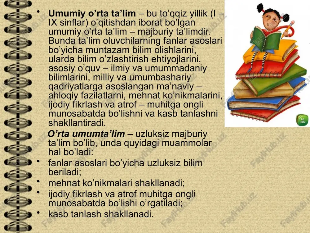 yat va magistraturaga ega. oliy ta’lim – turli oliy maktablarga ho’jalik, fan, tehnika va madaniyat tarmoqlari uchun yuqori oliy malakali mutahassislar tayyorlash oliy ta’lim jarayonida oliy ma’lumot olinadi. “oliy ma’lumot” tushunchasi esa muayyan ihtisoslikdan nazariy va amaliy vazifalarni hal etish imkoniyatini beradigan bilim va malakalar majmuini ifodalaydi. oliy ta’lim haqidagi hozirgi tushunchalar birinchi marta g’arb mamlakatlarida xv – xvii asrlarda dunyoviy oliy maktablar, keyinroq univesitetlar paydo bo’lishi bilan vujudga keldi. oliy ta’limning dts – ta’limning bakalavriat muayyan yo’nalishi yoki magistratura mutahassisligiga qo’yiladigan malaka talablari, ta’lim mazmuni, bakalavr yoki magistr tayyorgarligining zaruriy va etarli darajasini, kadrlar tayyorlash sifatini baholash darajalarini belgilaydigan etalon daraja. bakalavriat – mutahassisliklar yo’nalishlari bo’yicha fundamental va amaliy bilim beradigan, ta’lim muddati kamida 4 yil bo’lgan tayanch oliy ta’limdir. magistratura – aniq mutahassislik bo’yicha fundamental va amaliy bilim beradigan bakalavriat negizida ta’lim muddati kamida 2 yil davom etadigan oliy ta’limdir. oliy o’quv yurtidan keyingi ta’lim. oliy o’quv yurtidan …