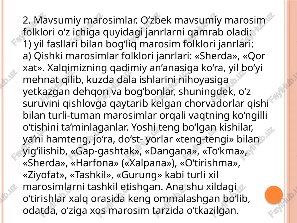 boqqan onangga bir salom! shunda ashshadarozi, avval, sumalak sayliga bosh - qosh bo‘lib turgan tabarruk momolarga, katxudo - kayvonilarga, so‘ngra barcha davra ahliga ta’zim qilib, salom soladi. qiz-juvonlar uning tavoze bilan egilib salom berishini zo‘r xursandchilik bilan olqishlaydilar. erkakcha kiyingan xotin bilan ashshadarozi rolini bajarayotgan ayol o‘rtasidagi aytishuv esa davom ettiriladi. keltirilgan barcha marosimlar mag‘zida xalqimizning qadim qish va yoz haqidagi dunyoqarashlari, mifologik tasavvurlar tizimi turadi. /docprops/thumbnail.jpeg ozbek marosim. pqlklorlari 1. marosim folklor va wning trl 2. mavaumiy marosimlar. 5 oilaviy marosimlar