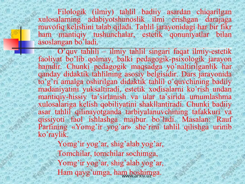 rni kuzata olish, xarakterlar xaqida mustaqil fikr bildira olish. dars jihozi: “kecha va kunduz” romani, plakat, marker. dars turi: mustaxkamlash darsi. dars uslubi: interfaol usullardan foydalanilgan noan’anaviy dars. www.arxiv.uz www.arxiv.uz darsning rejasi: 1. kirish: o`quvchilar faollashtirib mavzuga olib kiriladi. 5 – minut 2. klaster usuli 10 – minut 3. qqqq diagrammasi 10 – minut 4. debat usuli 5 – minut aqliy xujum 10 – minut tashkiliy qism: salomlashish, yo`qlama, o`quvchilarni faollashtirish 2 - – minut 1. bosqich: “kecha va kunduz” romanining yaratilishi xaqida nimalarni bilasiz? romanda qaysi davr voqealari tasvirlanadi? sizningcha asarning bosh qaxramoni kim? - romanning o`sha davr adabiyoti uchun axamiyati qanday bo`ladi? 2. bosqich: o`quvchilar mavzuga kirishib ketadilar. o`qituvchi o`quvchilarni 2 guruxga bo`ladi. qog`oz (plakat) va marker berilib quyidagi savol tashlanadi: asar qahramonlarini yozing? www.arxiv.uz www.arxiv.uz 1. razzoq so`fi 2. zebi 3. qurvonbibi 4. akbarali 5. fazilat 6. poshshoxon 7. miryoqub 8. noyib to`ra 9. eshon 10. o`lmas …