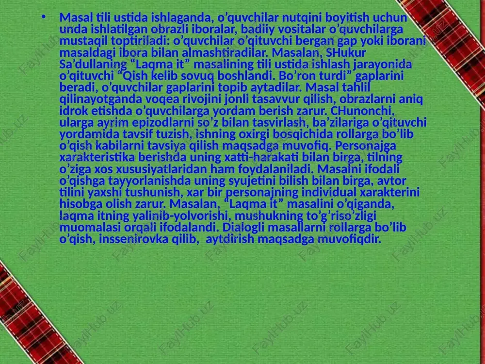 ishlari, she’r ritmini buzmasliklariga erishish lozim. she’r mazmuni ham, boshqa janrdagi badiiy asarlar kabi, savollar asosida tahlil qilinadi. ammo she’r mazmuni haqida o’quvchilarga ko’p savol berish tavsiya etilmaydi. o’quvchilarga she’rning asosiy mazmunini tushunganliklariga ishonch hosil qilishning o’zi kifoya. image3.jpeg image4.jpeg image5.jpeg image6.jpeg image8.png image1.jpeg /docprops/thumbnail.jpeg masal va sher v matni tahlili masal o'qish metodikasi. she’r o'gish metodikasi. limiy-ommabop asarlarni o’gish metodikasi. hodali o'qish xususiyatlari, asoslari