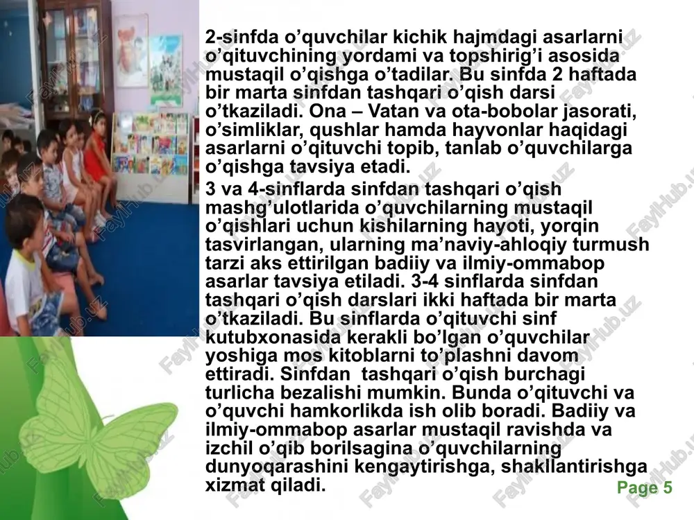 uqlari kabilarga bag`ishlanib o`tkazilishi mumkin. «non – rizq ro`zimizdir» nomli kechani o`tkazishga quyidagicha tayyorlanish mumkin. kecha ishtirokchilari: kechani olib boruvchi ikki o`quvchi tanlanadi. undan tashqari «non – rizq ro`zimizdir» mavzusida ma'ruzachi, badiiy o`qish, ashula, o`yin sahna ko`rinishlari uchun ijrochilar tanlanadi. free powerpoint templates page ‹#› ekskursiyalarni ahamiyati. ekskursiyalar tabiatda, qishloq xo`jaligi ishlab chiqarishi, muzey yoki vistavkalarda o`tkaziladigan darsdir. sinfda o`tkaziladigan dars va laboratoriya mashgulotlari bilan bir qatorda ekskursiyalar o`qitish protsessida katta ahamiyatga ega bo`lib, sinfda o`qitiladigan darslarda amalga oshirish imkoni bo`lmagan kamchiliklarni o`rnini to`ldirishda xizmat qiladi. ekskursiyani sinfdan deyiladigan darslardan farq qilib ekskursiya darslarida o`quvchilarning o`simlik va xayvonot dunyosining tarqalishi, ularning yashash sharoitlariga moslashganligi kabi qator xususiyatlarni tabiiy sharoitda ko`rsatish imkoniyati tug`iladi. tabiatdagi kuzatishlar o`quvchilarni mustaqil ishlash qobiliyatini o`stirishga, ularni tabiatga qiziqishini fikrlashga yordam beradi. o`quvchilar tabiatdagi narsa va xodimlarni kuzatar ekanlar ularda tabiatni o`rganishga bo`lgan intilishlari kuchayadi. tabiat go`zalliklari o`quvchilarni estetik didlarini rivojlanishiga yordam qiladi. ekskursiyalar vaqtida o`quvchilar tabiatni …