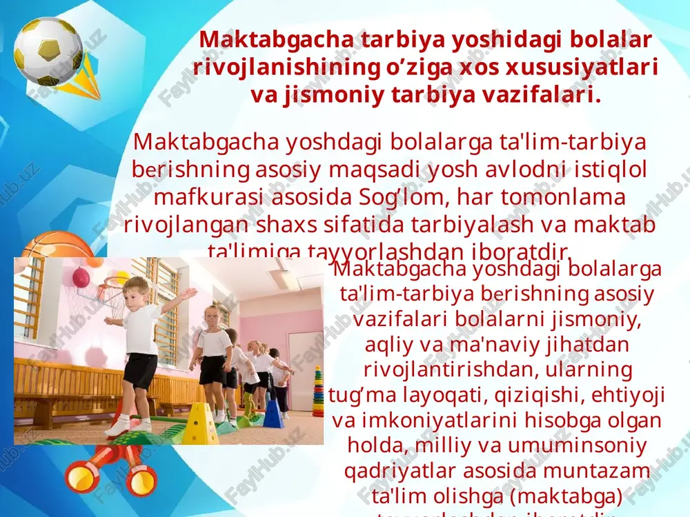 i, darslik, tarjima, t., «o‘kituvchi», 1967. f. xo‘jayev, t. usmanxo‘jayev. boshlang‘ich sinflarda jismoniy tarbiya, o‘quv qo‘llanma. t., "o‘qituvchi", 1996. a. abdullayev. jismoniy tarbiya vositalari. o‘kuv qo‘llanmas. farg‘ona, 1999. foydalanilgan adabiyotlar: image2.jpeg image3.jpeg image4.jpeg image5.jpeg image6.jpeg image7.jpeg image8.jpeg image9.jpeg image10.jpeg image11.jpeg image12.jpeg image1.jpg q ! ce on yi = 4 nde odrr /docprops/thumbnail.jpeg malakaviy istil maktabgacha yoshdagi bolalar jismoniy tarbiyasining shakllari