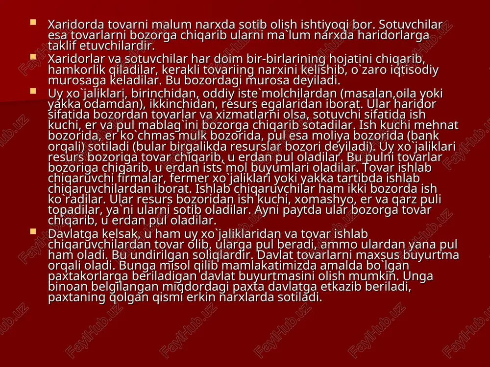 ajaradi va talab uchungina xizmat qiladi. shuning uchun ham bozor iqtisodiyotida tovar muomalasi tushunchasi ash u birga iqtisodiy aloqa usuli, umuman xo`jalik yuritish usuli tushunchalari mavjud, bularni aslo inkor etib bo`lmaydi. lekin bozor iqtisodiyotining mohiyati muomala va iqgisodiy aloqalarga nisbatan kengdir. bozor iqtisodiyoti avvalo barcha xo`jalik tarmoqlari, iqtisod turlari, sohalariga ta`sir o`tkazadi. bunday ta`sir etish mikroiqtisodiyot u chegaralanmay, balki makroiqtisodiyotning asosiy tomonlariga mazmun berib, ularni o`z doirasiga oladi. ma`­lumki, iqtisodiy proportsiya, balanslar bozor ta`sirisiz bo`lishi mumkin emas. chunki avvalo resurslar bozori mav­jud bo`lib, ularning joylashuvi va taqsimlanishi bozor mexanizmlari ta`siri ostida bo`ladi. ishlab chiqarish (xiz­mat ko`rsatish) sohalari va ularning hosilasi – tovarlar bozorning asosi hisoblangan talab ta`siri tufayligina reallashmo\i mumkin. shunday qilib, bozor iqtisodiyoti tovar muomalasi, iqtisodiy aloqa usuligina bo`lib qolmay, balki u iqtisodiy tizimdir, ya`ni iqtisodiyot tizimiga xos barcha xususiyatlarii o`zida aks ettiruvchi va iqtisodiyotning barcha tomoilariga ta`sir etib, o`ziga qamrab oluvchi iqtisodiy tizimdir. bun­day fikrni p. samuelson, r. …
